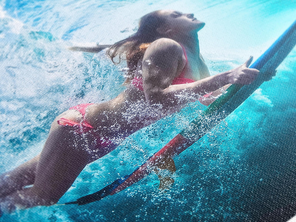 Surfer Underwater Canvas Print, Large Ocean Adventure Wall Art, Dynamic Surfing Artwork, Modern Water Sports Art Print, Energetic Wall Decor