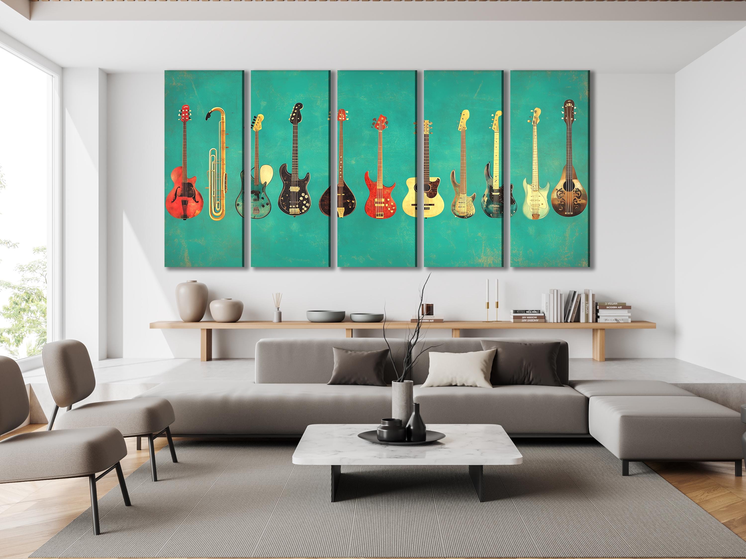 Gitaar wanddecoratie, muziekinstrumenten canvas print, gitaarcollectie kunstprint, cadeau voor muzikant, gitaarstudio decoratie, muziekkamer wanddecoratie
