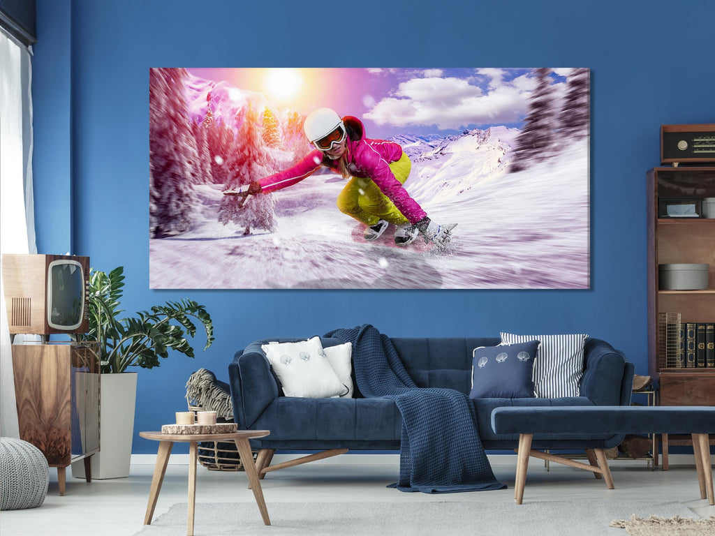 Snowboarder Canvas Print, Winter Sports Wall Art, Action-Packed Snowboarding Scene, Bright Mountain Landscape, Large Adventure Decor
