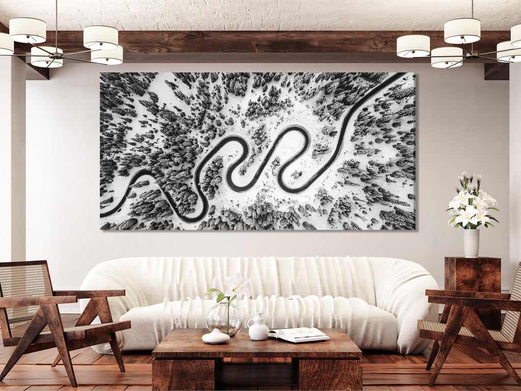 Snowy Mountain Trail Wall Art - Black and White Aerial Canvas Print, Scenic Winter Landscape, Modern Nature Decor for Dining Room or Office