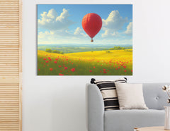 Red Balloon Over Blossom Fields - Canvas Print