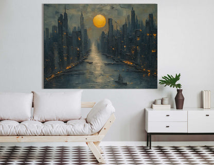 Impasto Style Moonlit City Wall Decor 