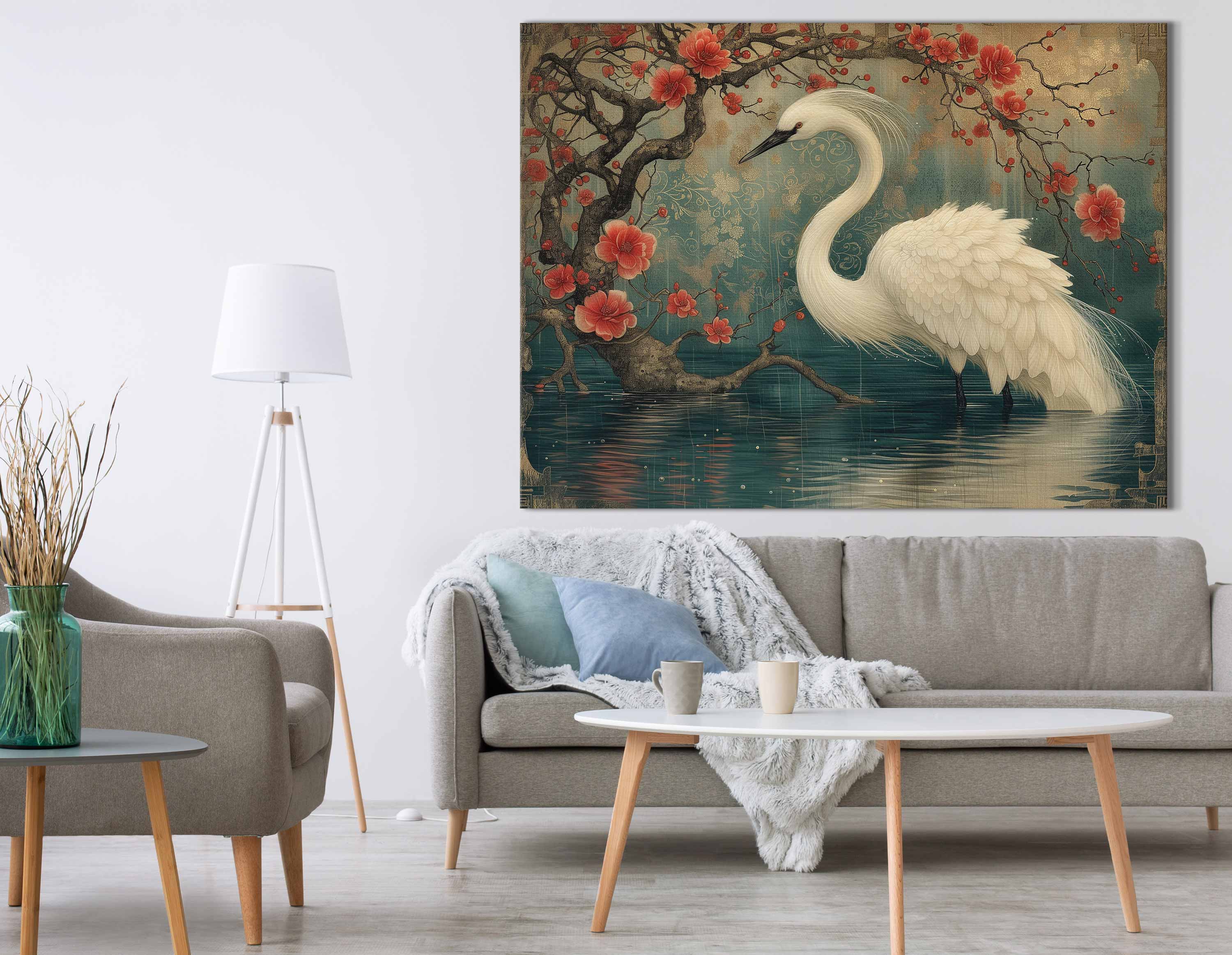 Serene Crane in Flowering Branch Canvas Art
