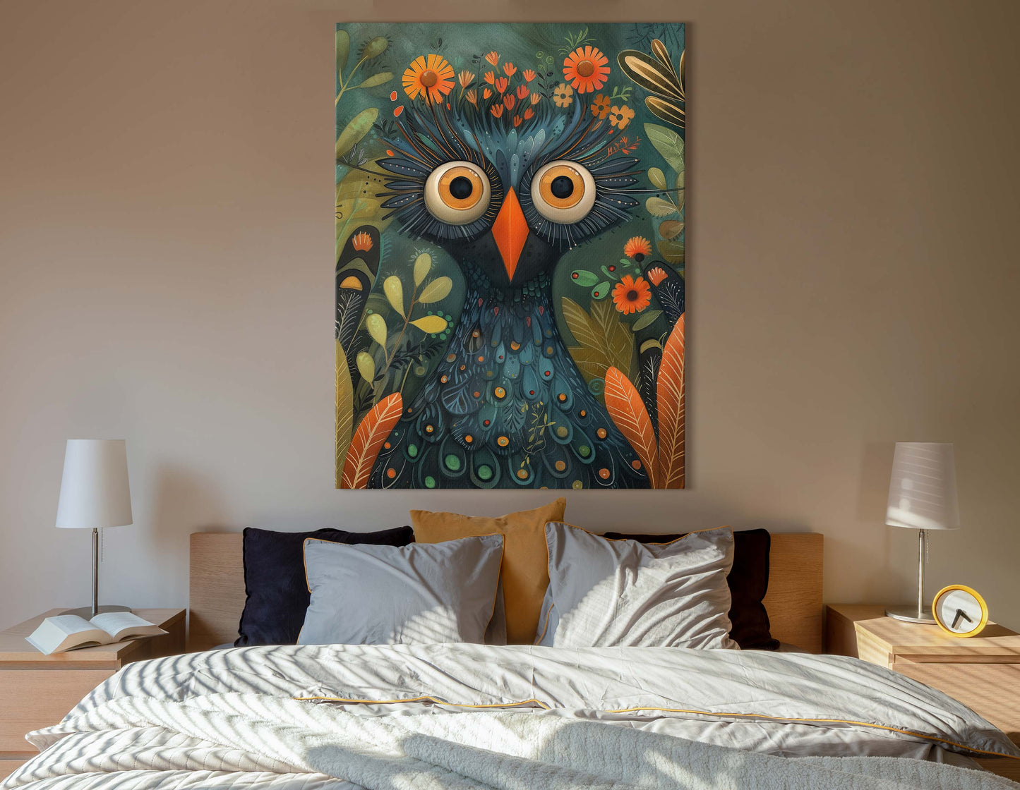 Textured Owl and Flora - Canvas Print