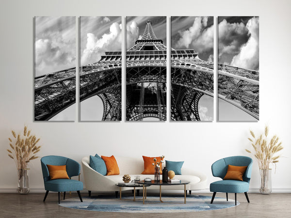 Black-and-white close-up of Eiffel Tower multi-panel canvas