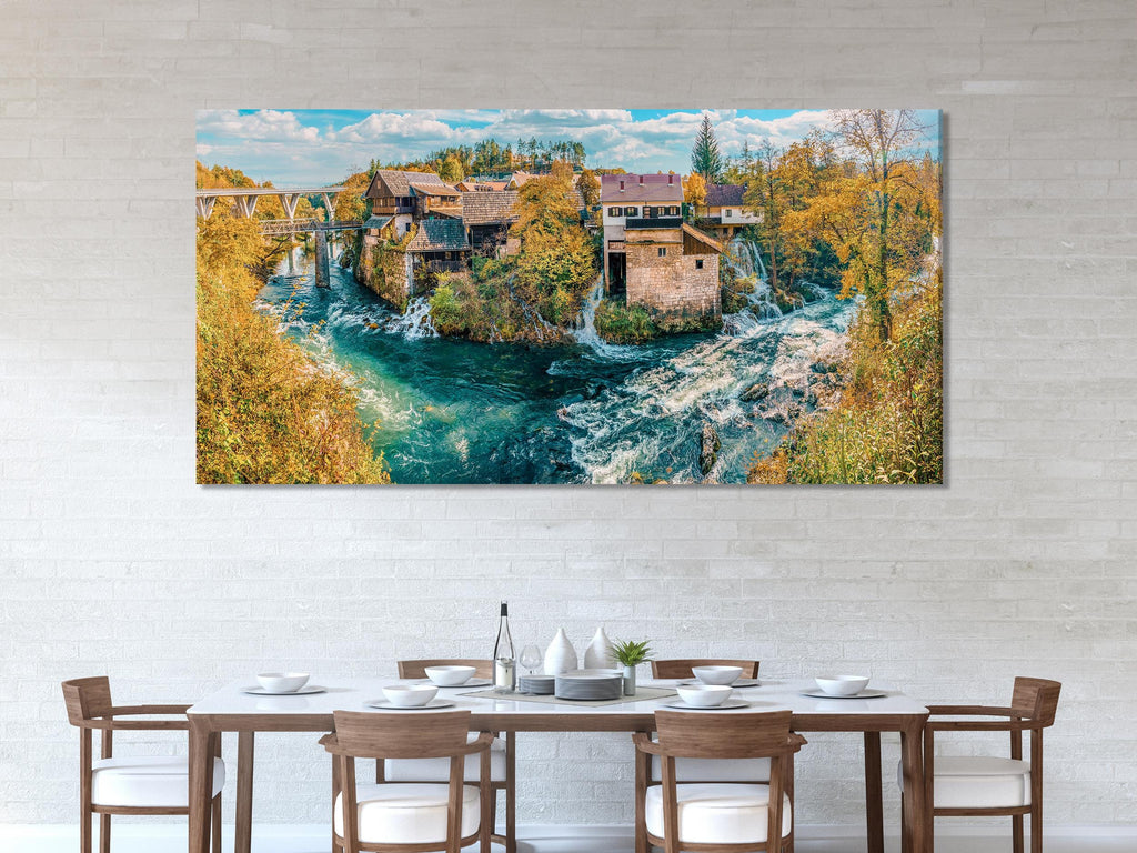 Rastoke Village Canvas Print - Croatia Wall Art, Scenic River and Waterfall Artwork, Large Croatian Landscape Photography, Rustic Autumn Art
