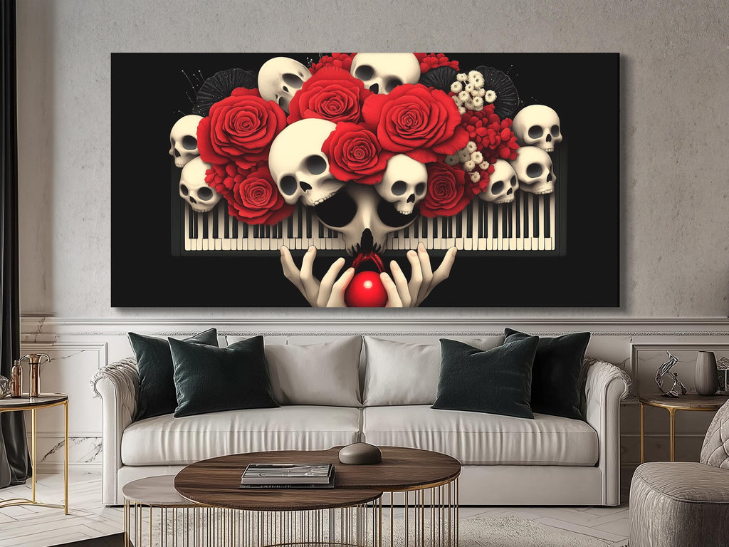 Gothic Piano Wall Art Skull and Roses Canvas Print Dark Floral Skull Art Modern Music Studio Decor Macabre Home Decor Music Lover Gift