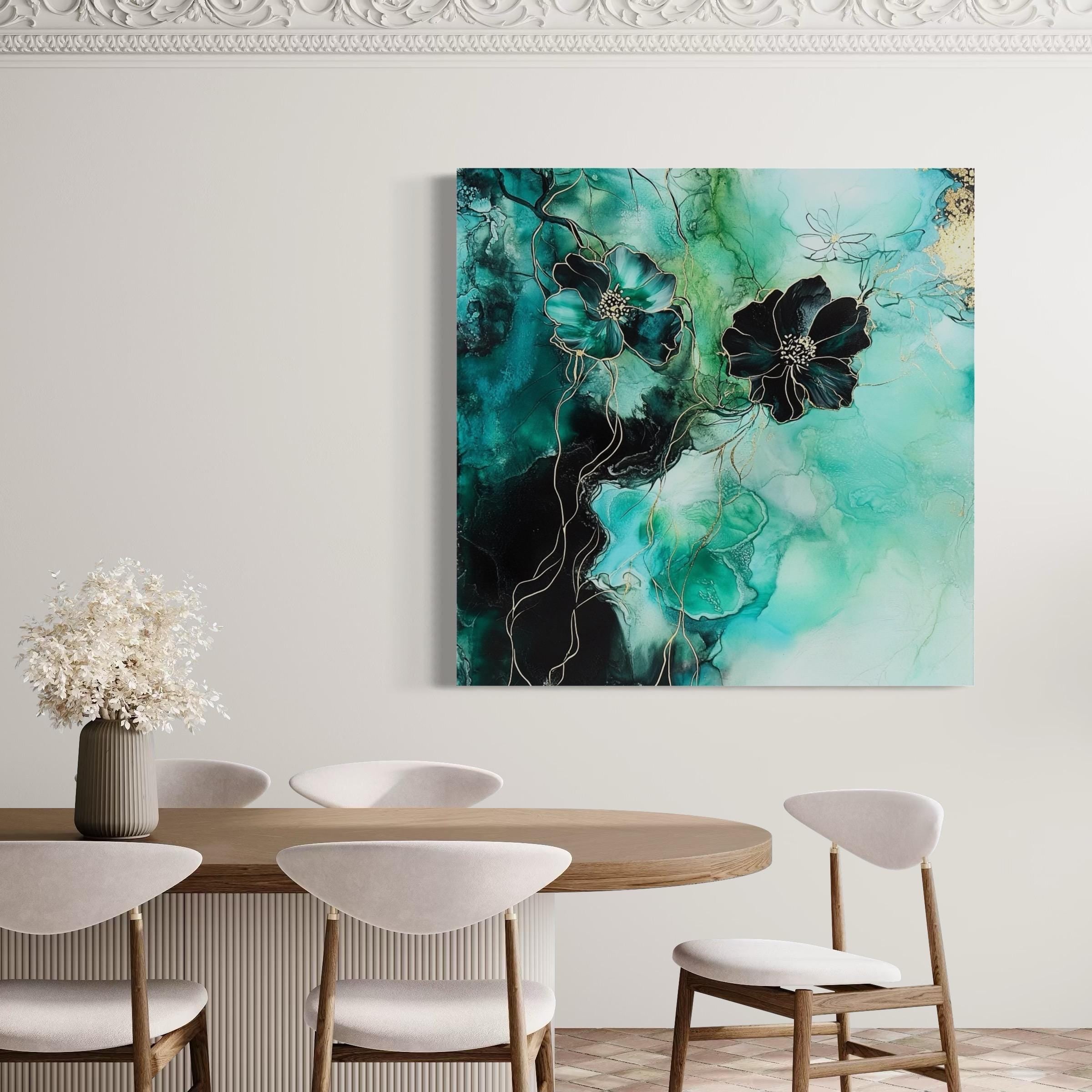 Teal Florale Wandkunst - Abstrakte Leinwandkunst, grünes und schwarzes Blumengemälde, goldene Akzente, botanischer Kunstdruck, naturinspiriertes Wanddekor