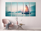 Sailboat at Sunset Canvas Print – XXL Nautical Wall Art, Scenic Seascape with Mountain Backdrop, Coastal Decor for Living Room