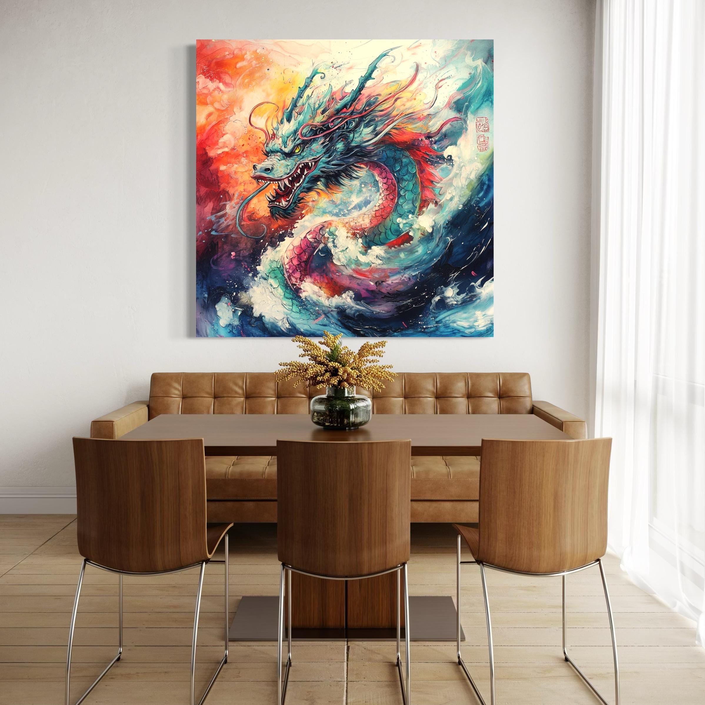 Japanese Dragon Art - Colorful Dragon Canvas Art, Fantasy Wall Art, Abstract Dragon Print, Samurai & Asian Wall Decor, Water Dragon Artwork