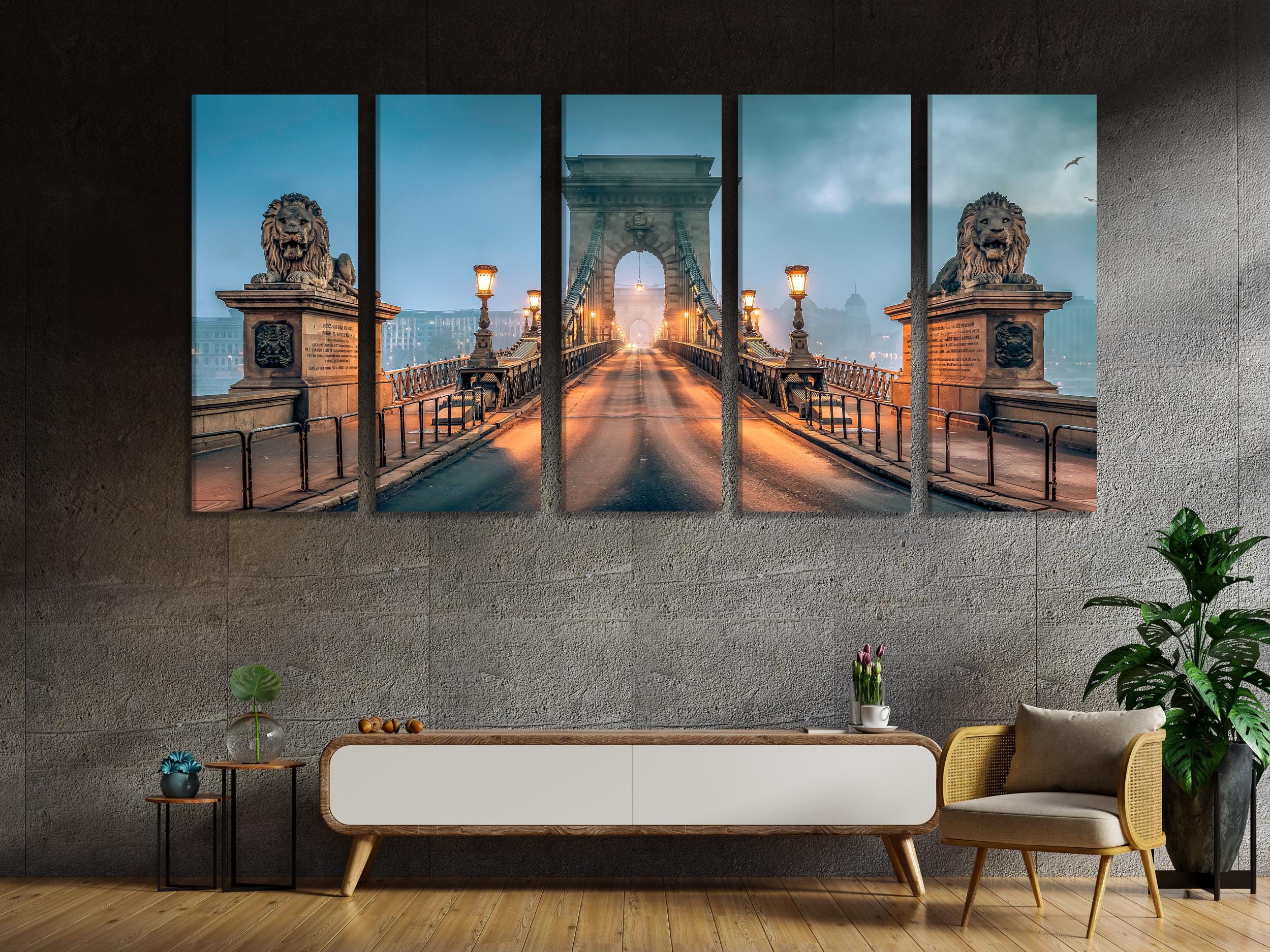 Chain Bridge Wall Art, Budapest Landmark Canvas Print, Morning Fog Cityscape Decor, Iconic Hungarian Bridge Artwork for Living Room / Office