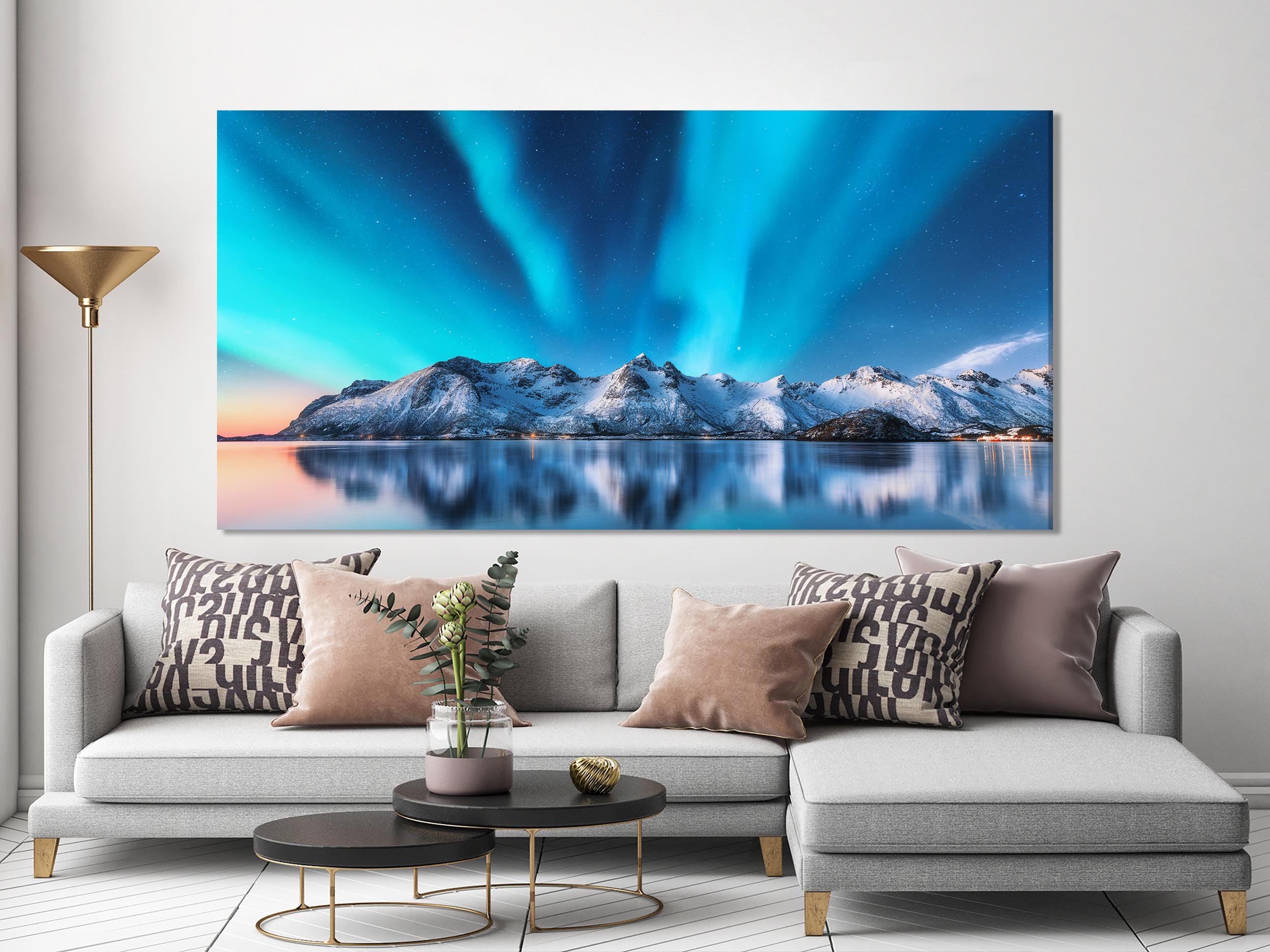 Northern Lights Wall Art - Arctic Mountains Art Print - Extra Large Aurora Borealis Artwork for Modern Living Room or Office Wall Decor