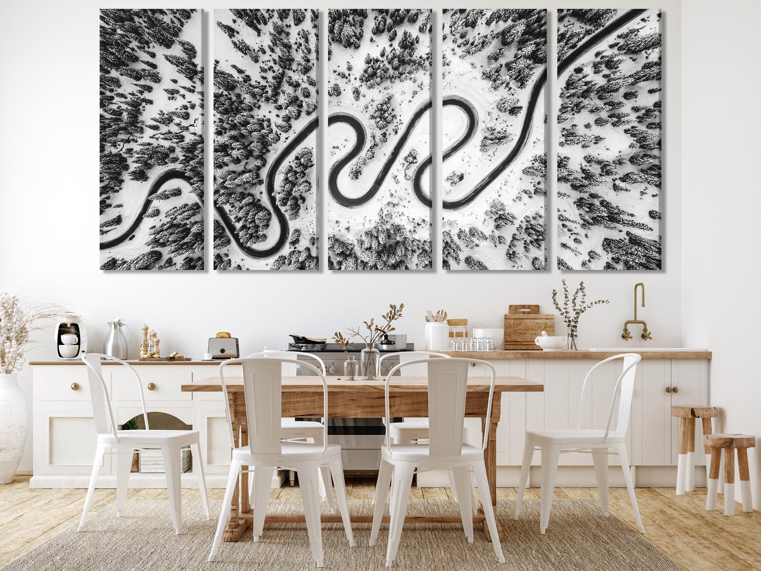 Snowy Mountain Trail Wall Art - Black and White Aerial Canvas Print, Scenic Winter Landscape, Modern Nature Decor for Dining Room or Office