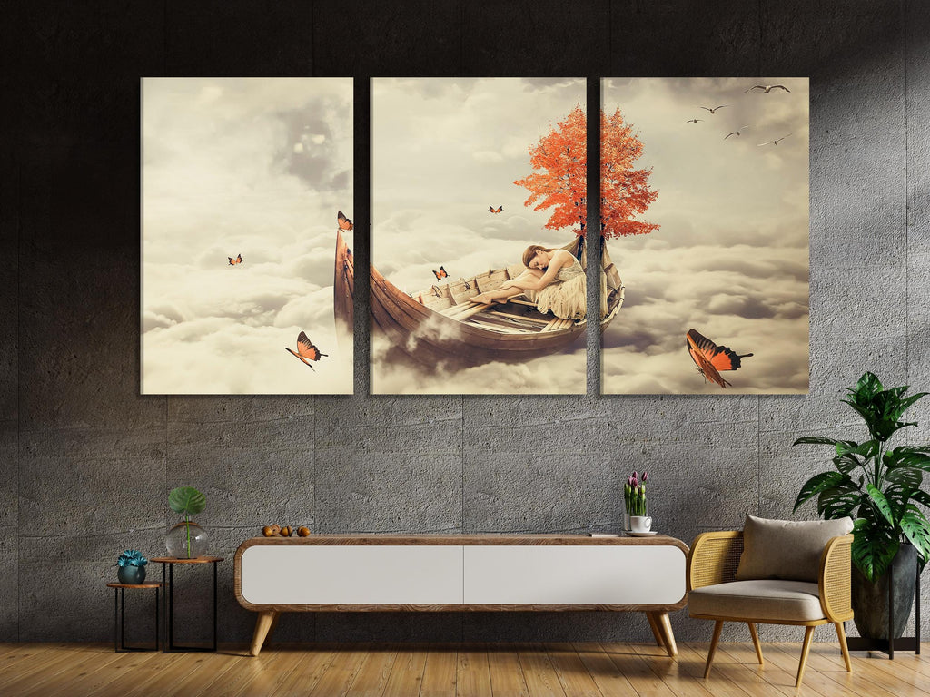 Surreal Boat & Tree Canvas Art - Fantasy Wall Print with Dreamy Clouds, Butterflies and Resting Woman for Bedroom or Living Room Wall Decor