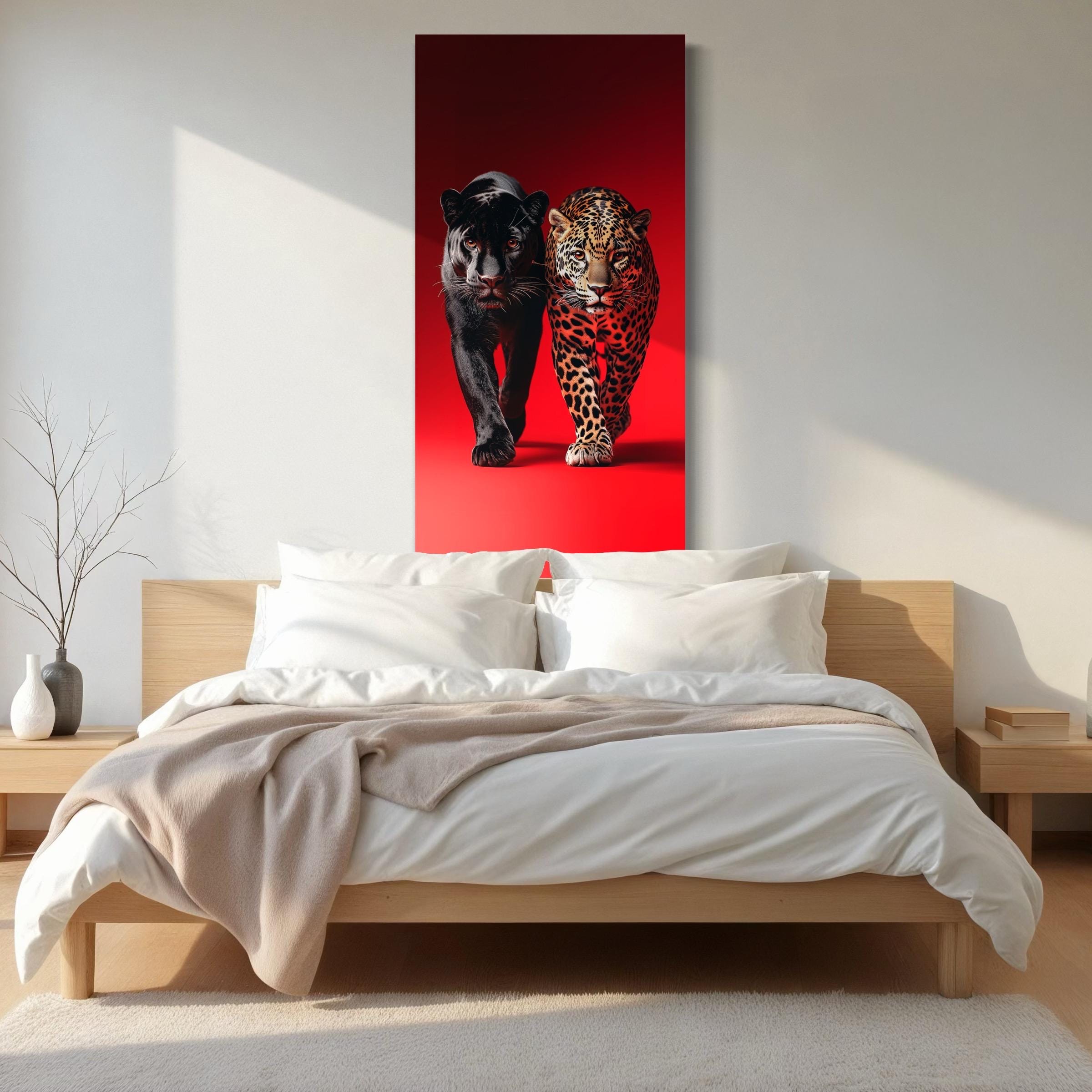 Zwarte Panter &amp; Luipaard Muurkunst - Levendig Rood Wildlife Canvas Kunst, Hedendaagse Kunstdruk, Wildlife Fotografie Print, Wilde Grote Katachtige Kunst