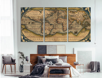 Vintage Weltkarte Wandkunst - Rustikale Büro-Wanddekoration, Weltkarte Leinwanddruck, extra große Wandkunst für Zuhause &amp; Büro Wanddekoration