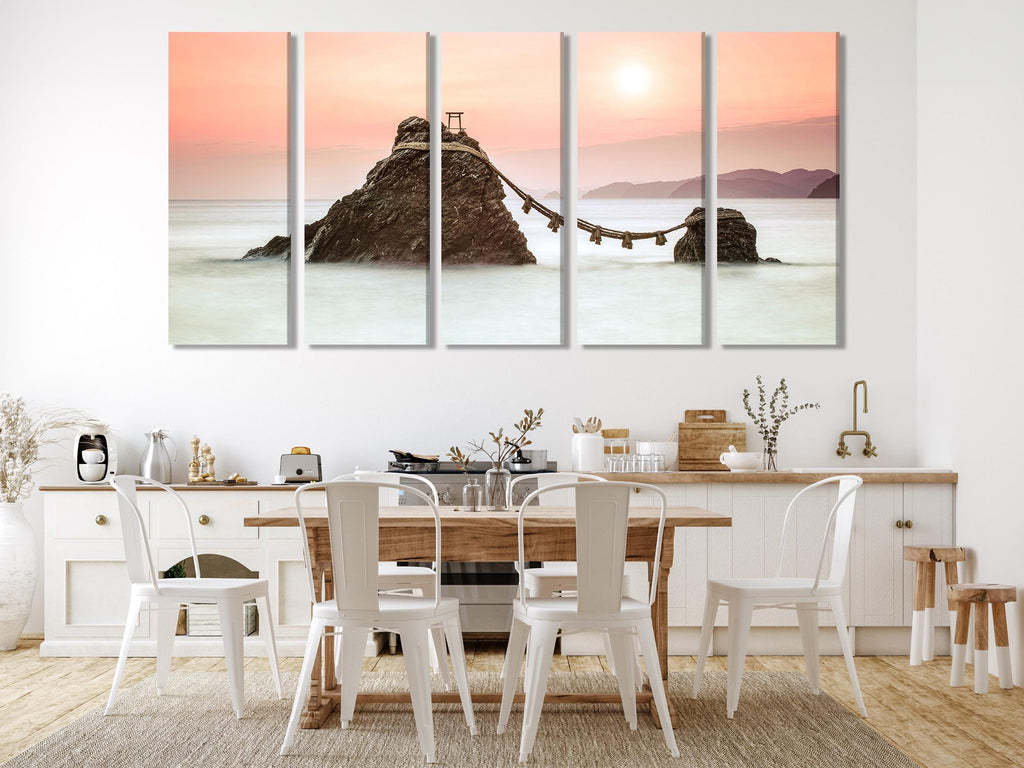 Modern Zen Decor for Office - Japanese Coastal Wall Art, Sunset Ocean Landscape, Sacred Marriage Rocks Artwork, Meoto Iwa Rocks Canvas Print