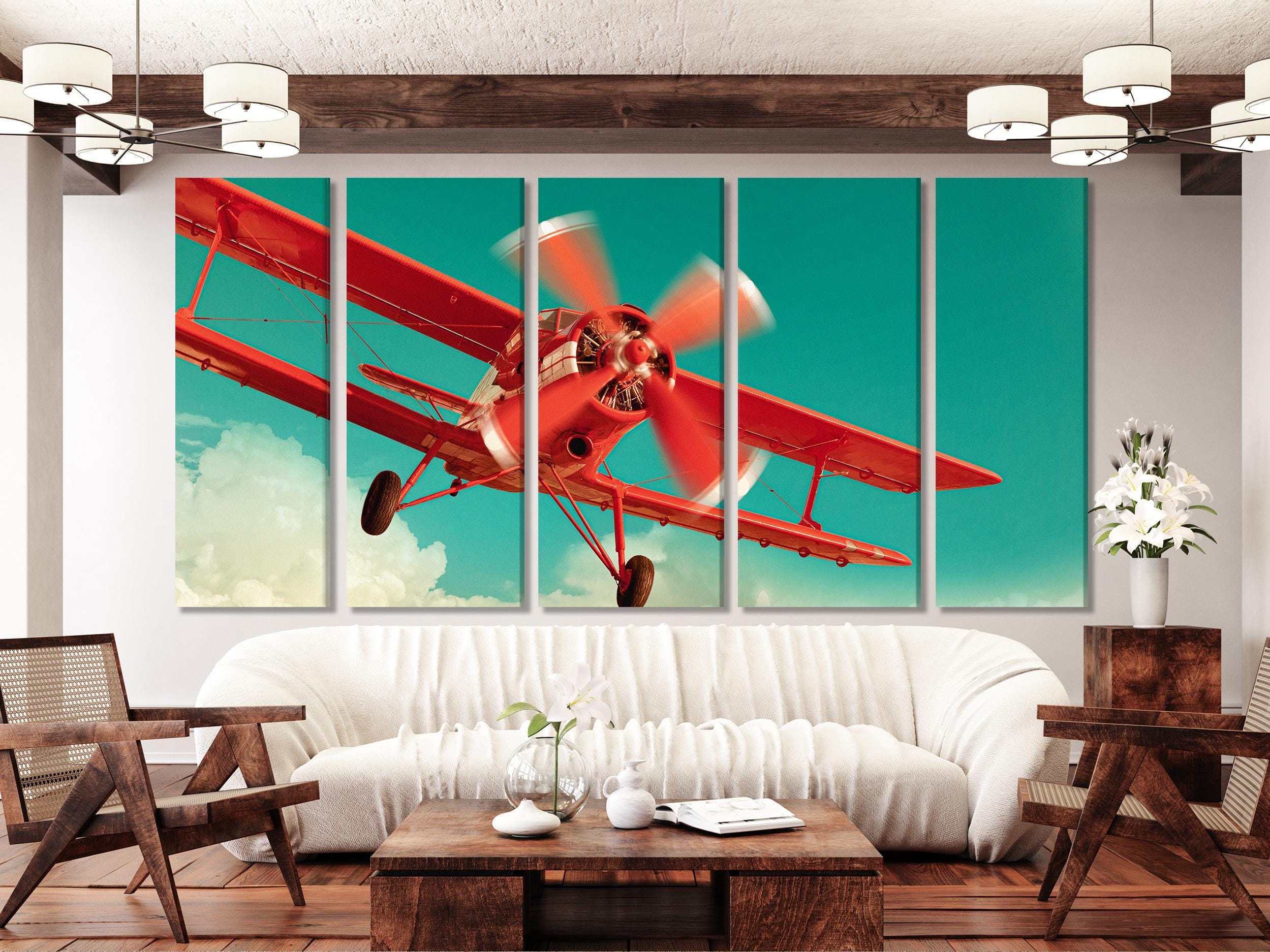 Vintage Red Airplane Canvas Print – Retro Aviation Wall Art, Dynamic Biplane Sky Scene, Modern Aeronautical Decor for Living Room or Office