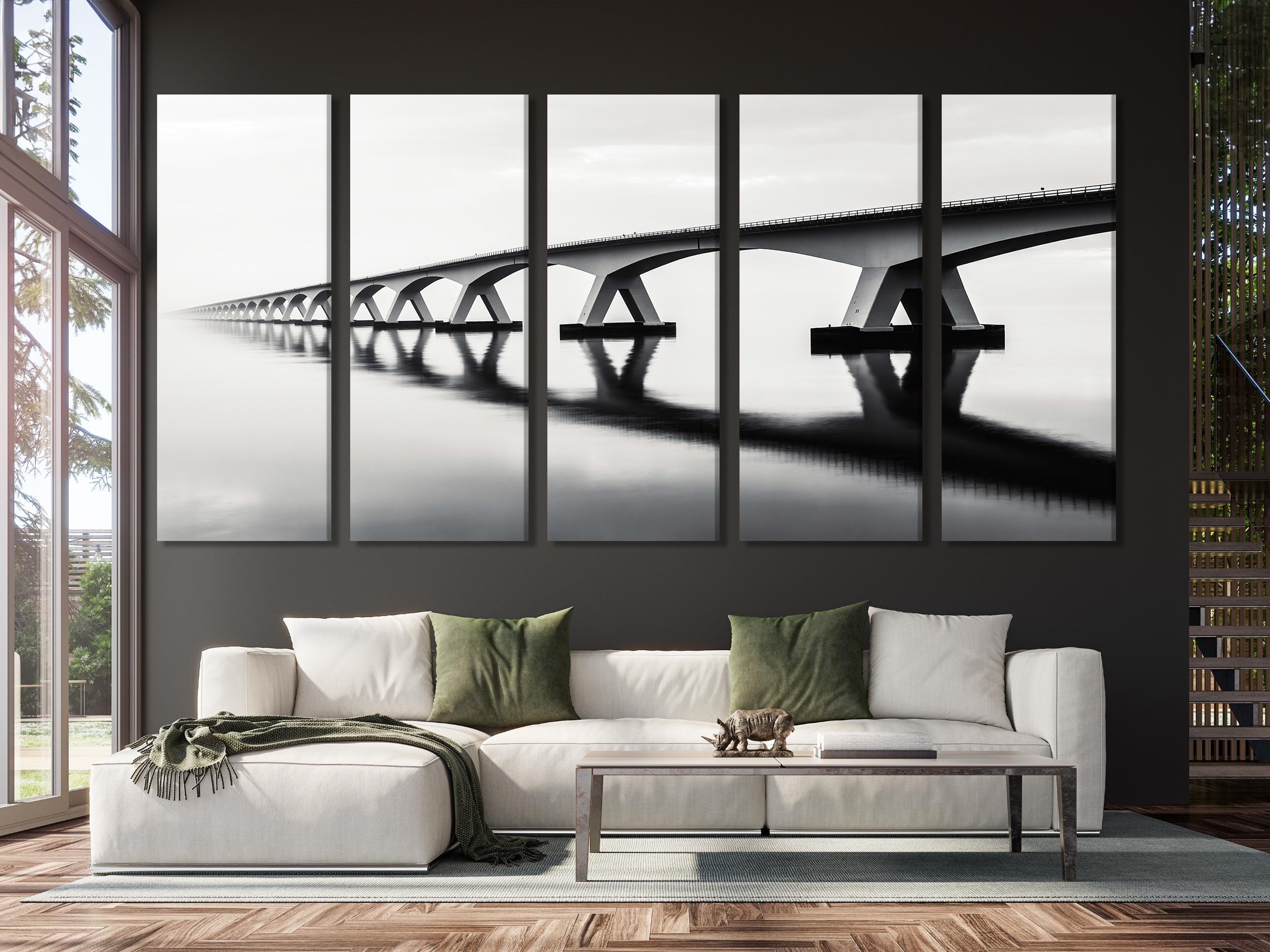 Minimalist Bridge Canvas Print, Black and White Wall Art, Longest Bridge in Netherlands, Modern Minimal Decor, Large Dutch Architecture Art