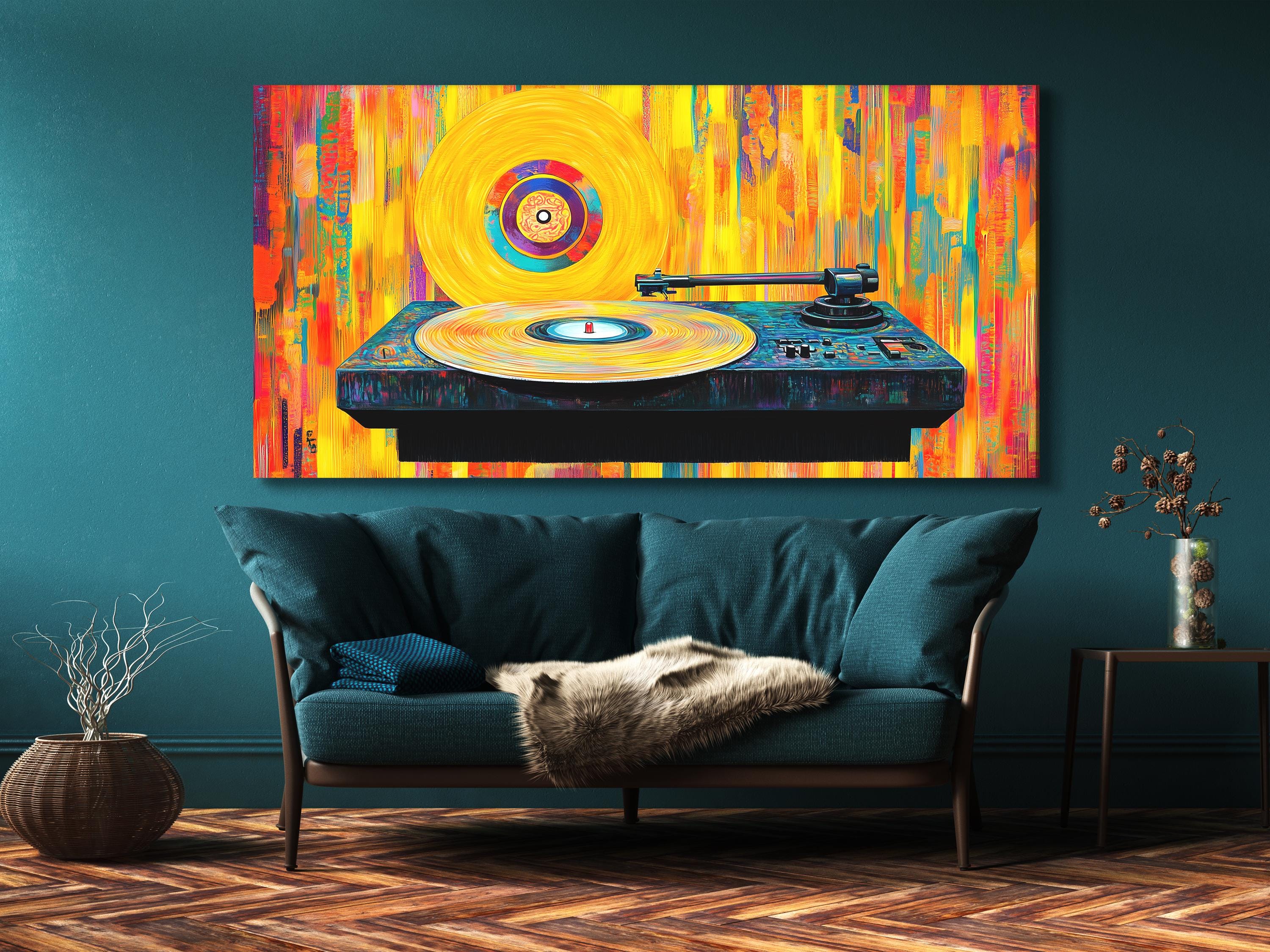 Abstract, colorful turntable canvas art with electric palette.