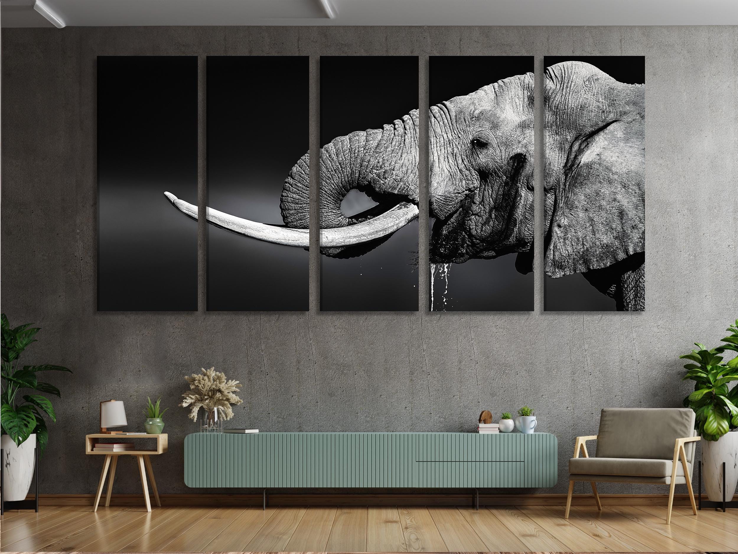 Bold elephant canvas print showcasing black-and-white contrast and intricate skin details, offering a sophisticated focal point for modern interiors.