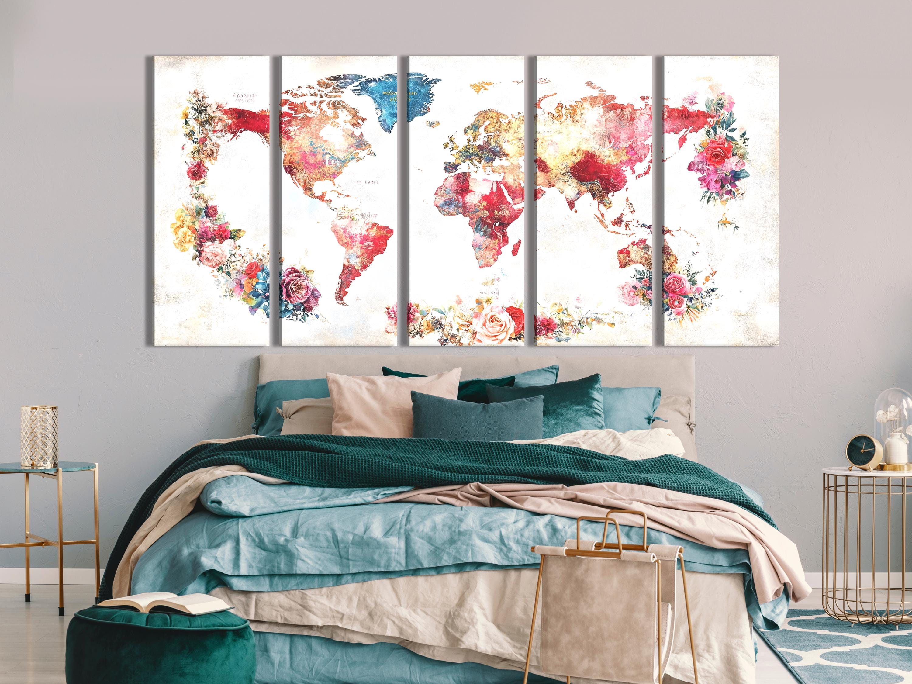 Acquerello floreale mappa del mondo arte murale tela astratta pittura mappa di viaggio decorazione stampa di fiori colorati interni casa mappa del mondo arte