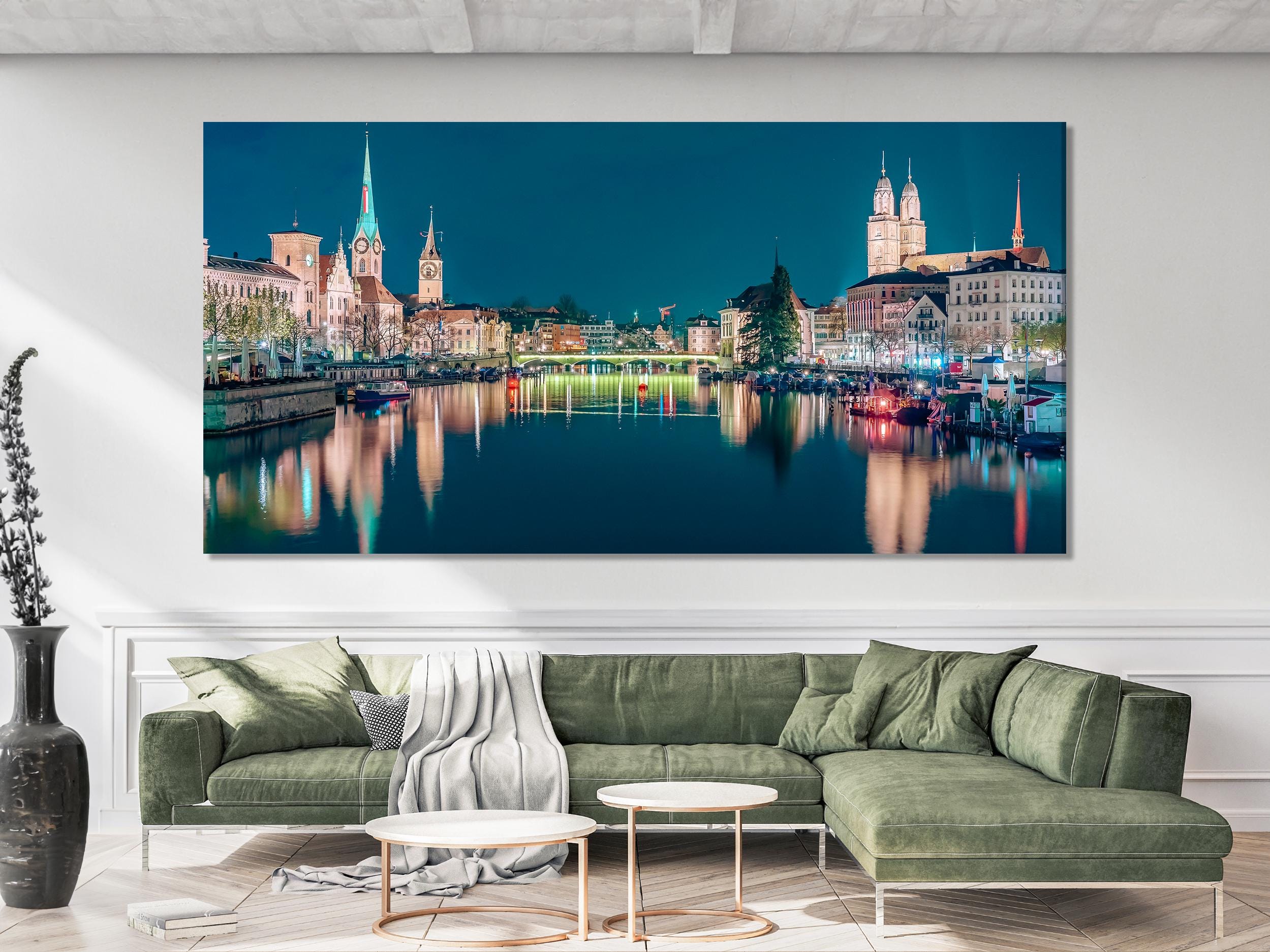 Zurich Cityscape Canvas Print, Large Night Skyline Wall Art, Illuminated Swiss City Artwork, Modern Urban Art Print, Scenic Wall Decor