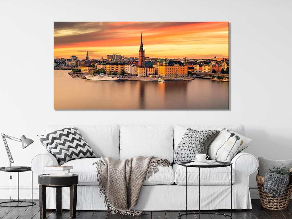 Gamla Stan Canvas Print, Stockholm Old Town Wall Art, Extra Large Sunset Cityscape Art, Swedish Office Decor, Historic Architecture Artwork