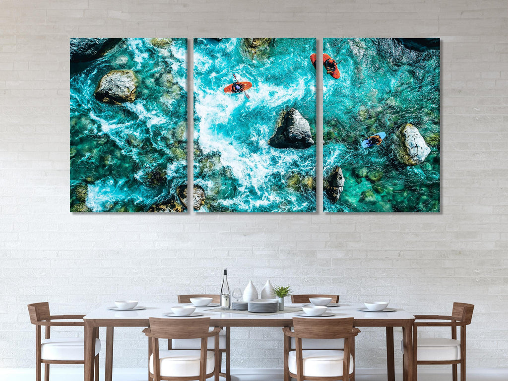 Soca River Kayakers Canvas Print, Aerial View Wall Art, Whitewater Rafting Landscape, Large Adventure Artwork, Slovenia River Scene Decor