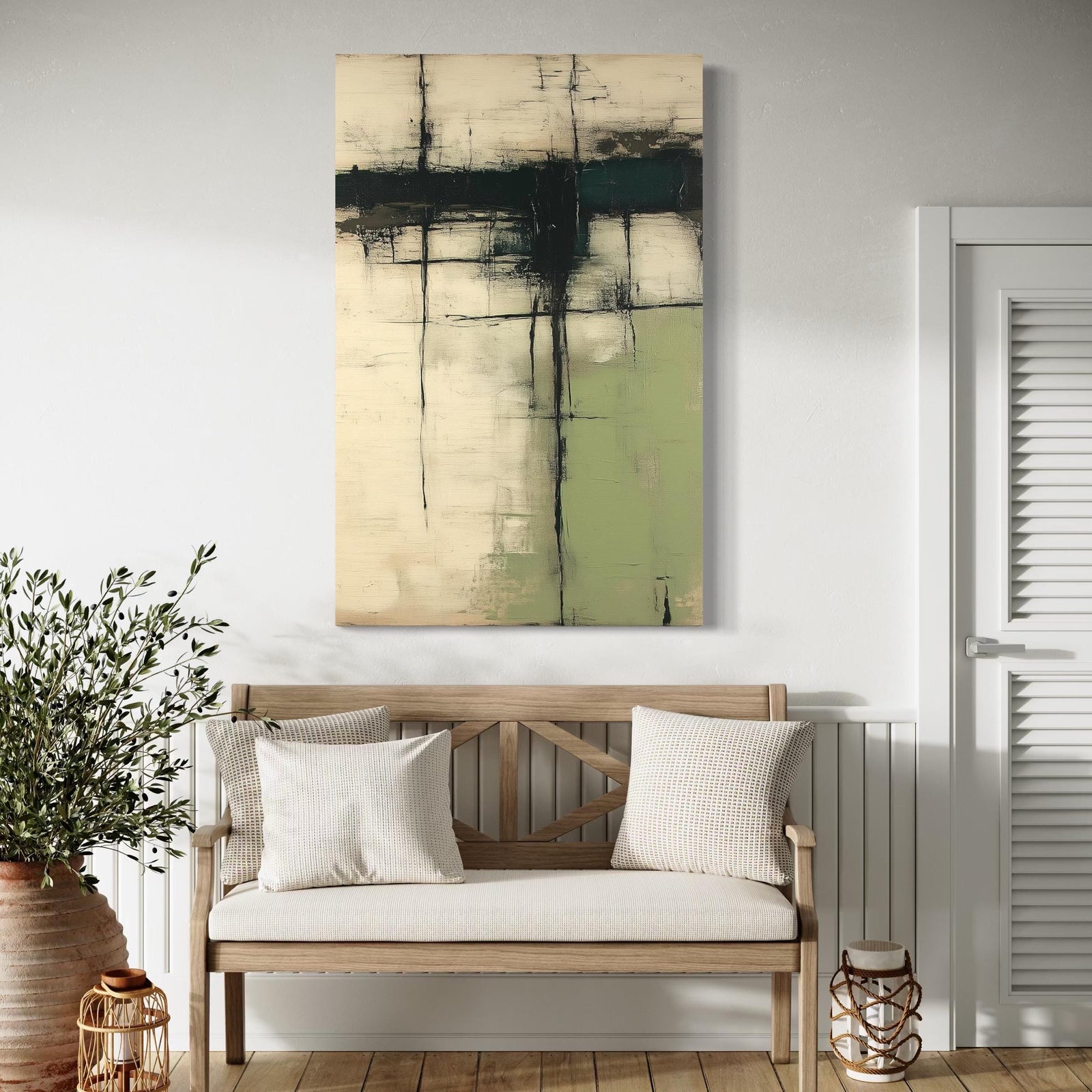 Calming sage-and-ivory waiting nook with abstract canvas art in a dental clinic