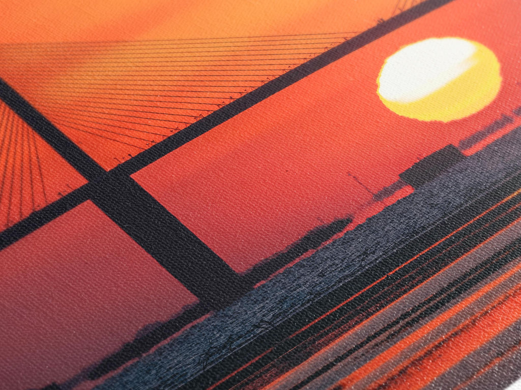 Sunshine Skyway Bridge Leinwanddruck, Tampa Bay Wandkunst, atemberaubendes Sonnenaufgang über dem Wasser Kunstwerk, übergroße Brücke Leinwand für Zuhause Wanddekoration