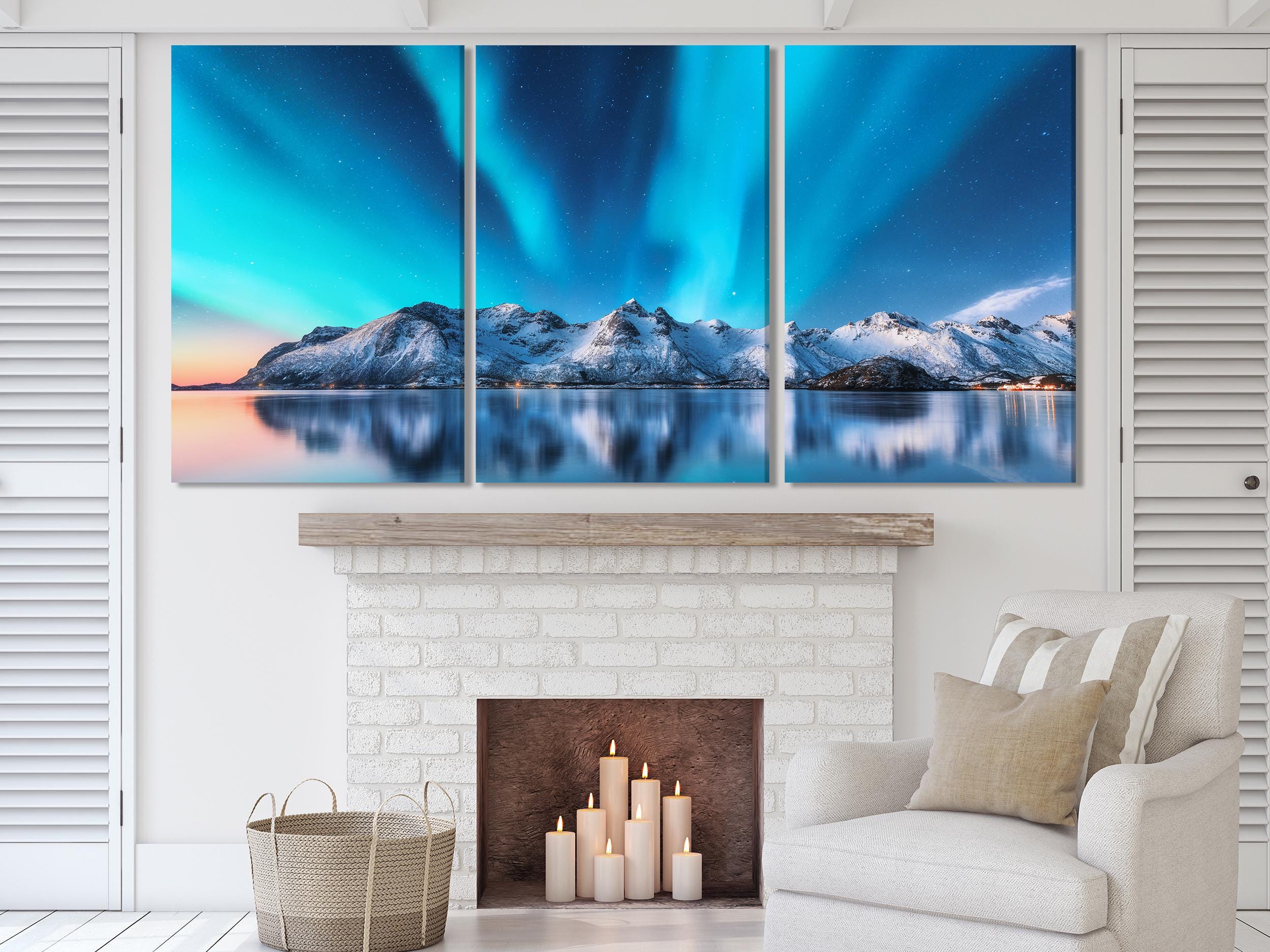 Northern Lights Wall Art - Arctic Mountains Art Print - Extra Large Aurora Borealis Artwork for Modern Living Room or Office Wall Decor