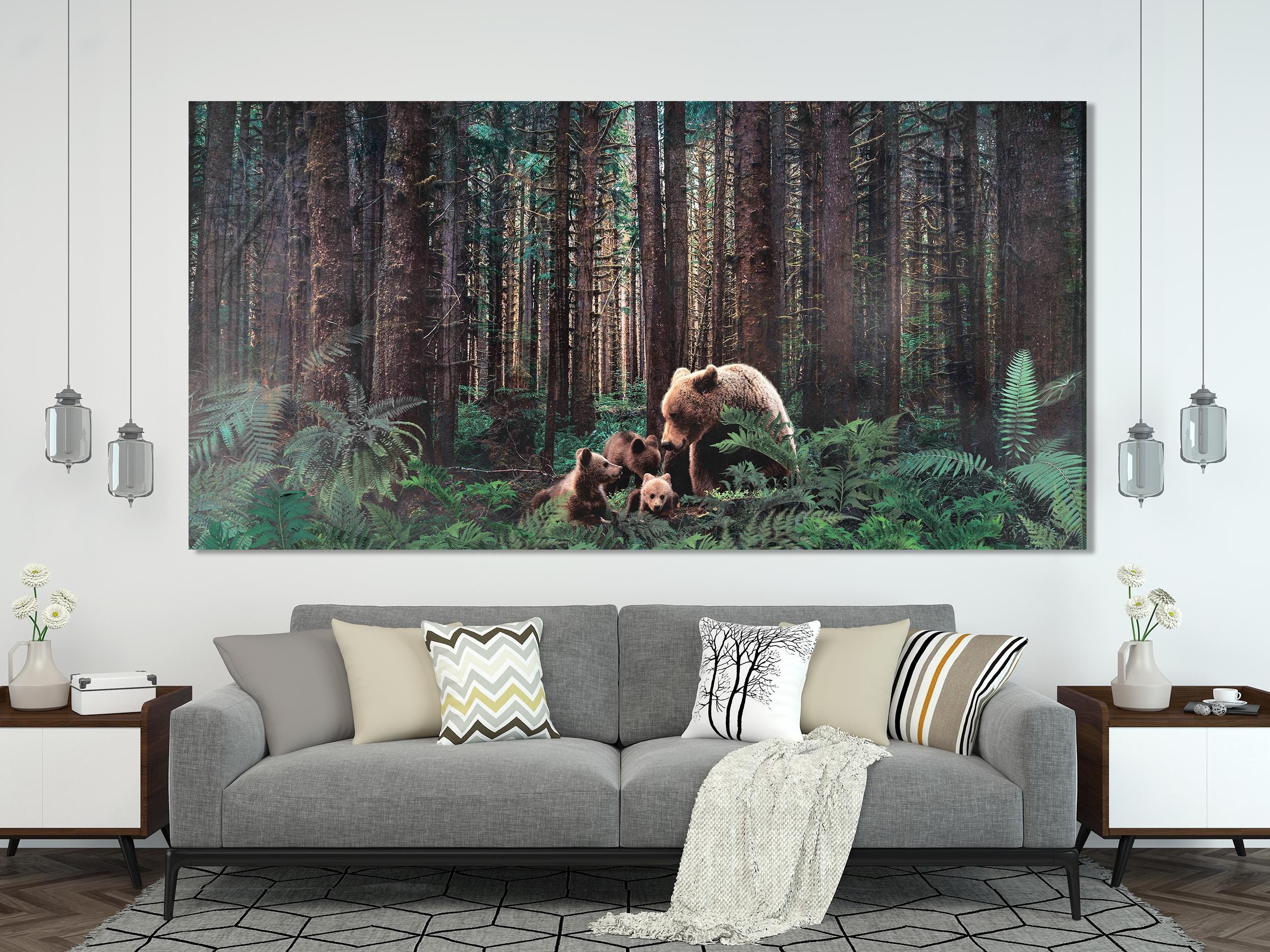 Forest Bear Family Canvas Wall Art, 3-Panel Woodland Wildlife Print, Rustic Farmhouse Decor, Country Home Woodland-Inspired Wall Art Print