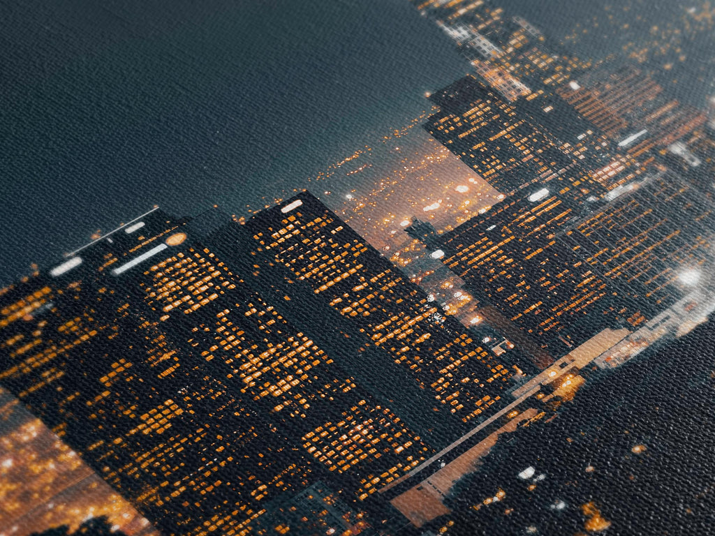 Sophisticated nightscape painting of L.A.’s towering architecture, transformed into a premium canvas print wall art piece for those seeking dynamic city-themed artwork.
