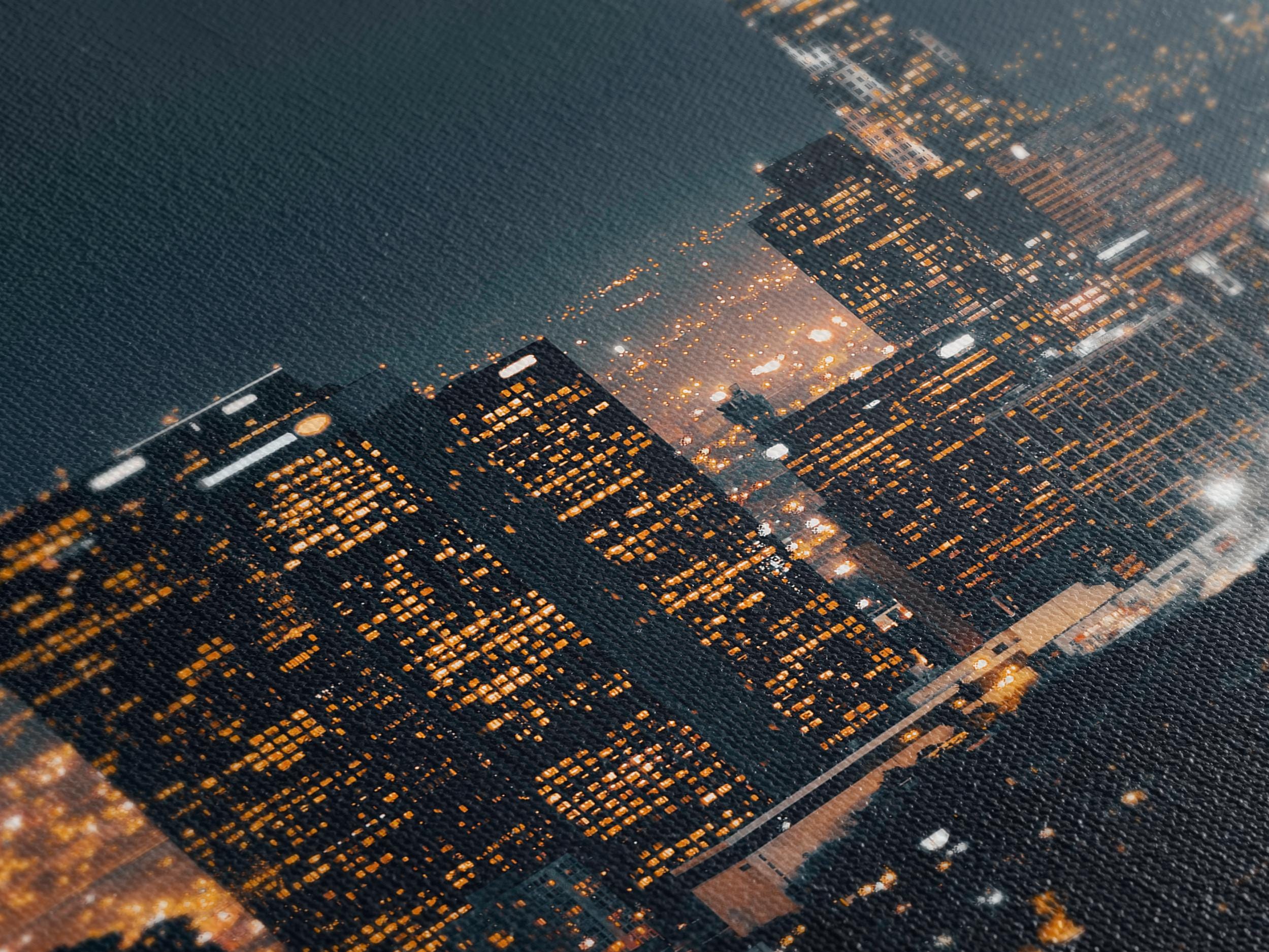 Sophisticated nightscape painting of L.A.’s towering architecture, transformed into a premium canvas print wall art piece for those seeking dynamic city-themed artwork.