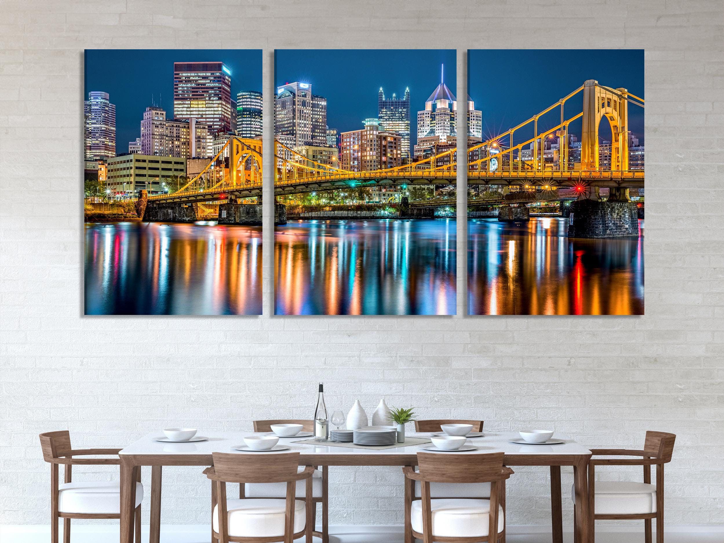 Large Rachel Carson Bridge Canvas Print, Pittsburgh Skyline Wall Art, Night Cityscape Artwork, Allegheny River Canvas for Modern Home Decor