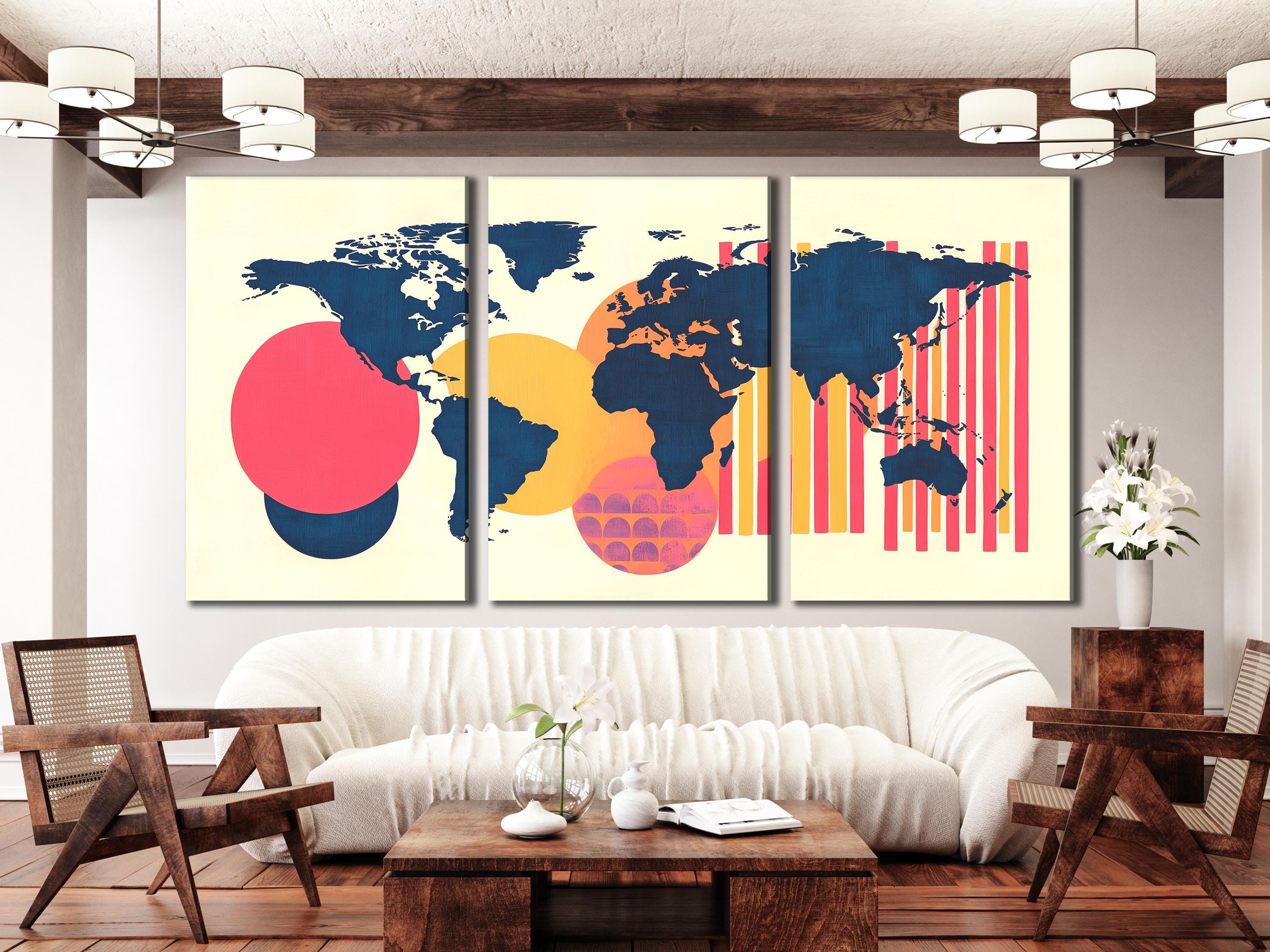 Stampa su tela con mappa globale astratta, stampa murale colorata, forme geometriche per l'arredamento dell'appartamento, mappa del mondo moderna, tela contemporanea