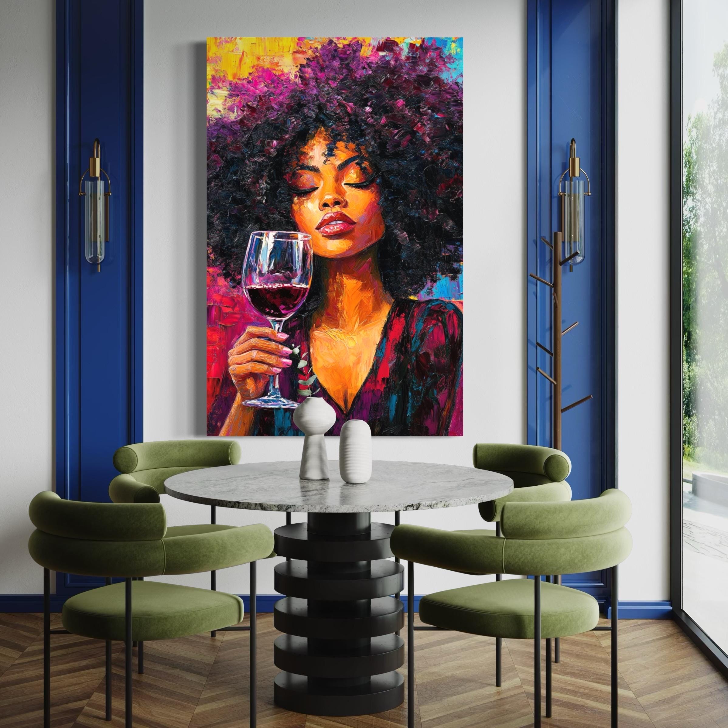 Woman & Wine Wall Art - Black Woman Canvas Art, Wine Lover Painting, Modern Afrocentric Wall Art, Wine Art for Bar or Restaurant Wall Decor