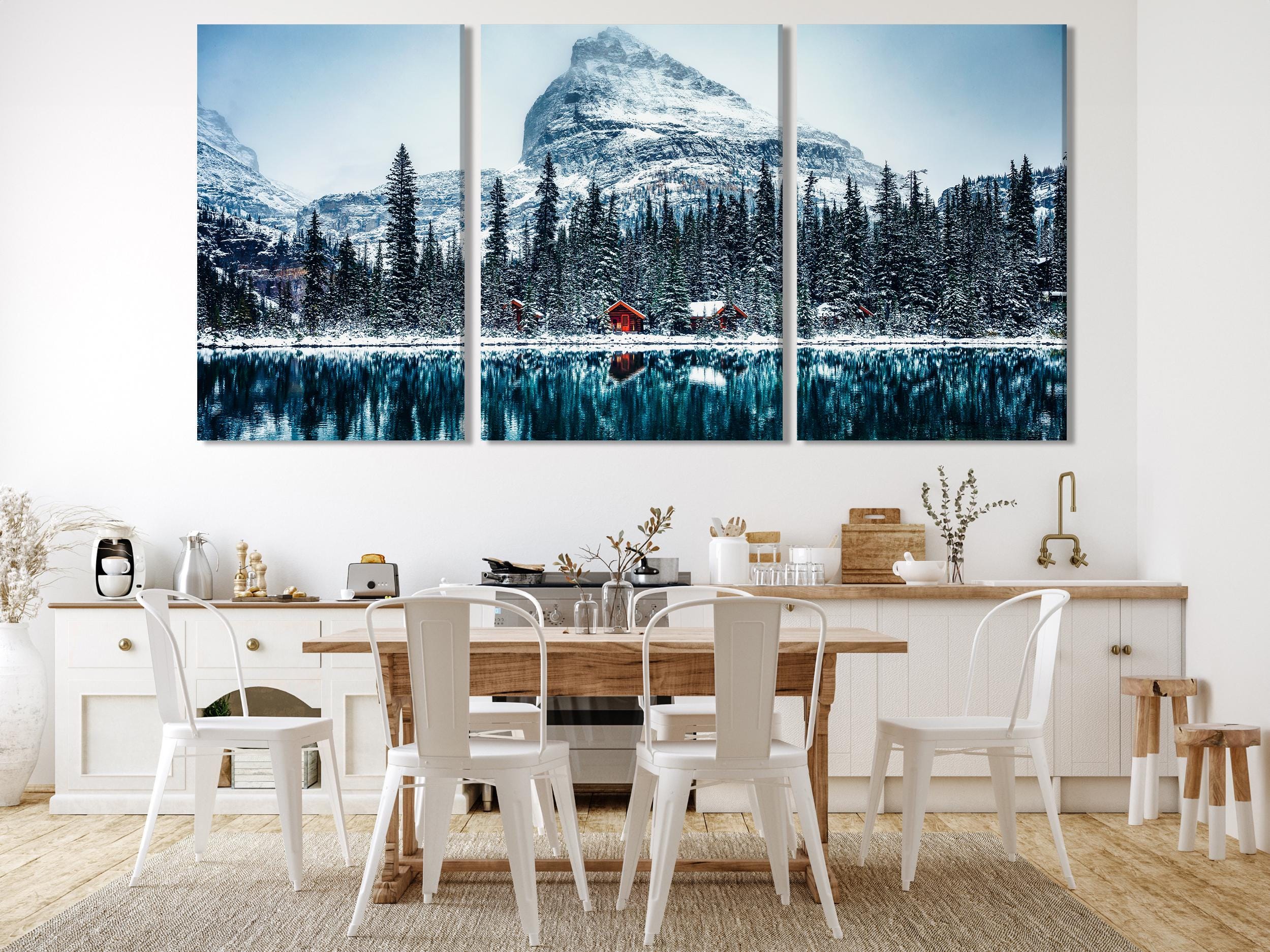 Winter Mountain Canvas Art - Snow Capped Mountain Canvas Print, Snowy Forest and Lake Wall Art, Winter Nature Decor,  Modern Alpine Artwork