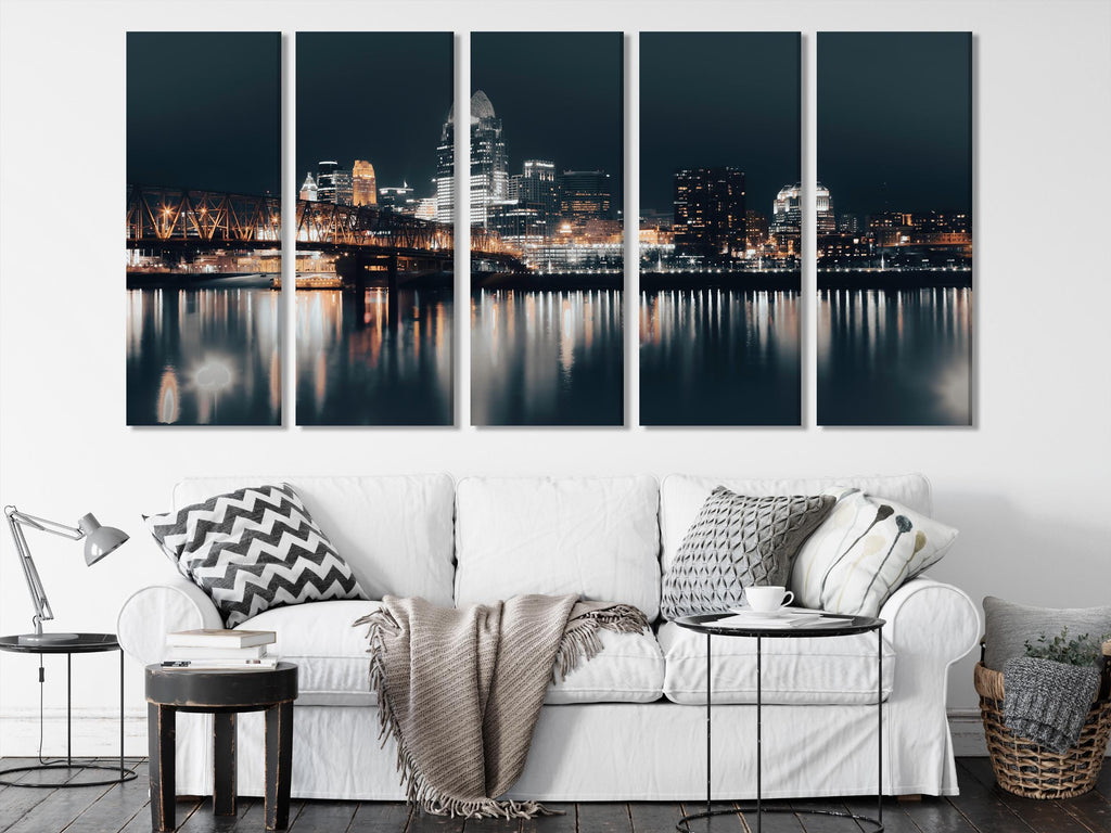 신시내티 스카이라인 월 아트 - 대형 신시내티 캔버스 프린트, 대형 오하이오 강 다리 아트워크, 현대 미술 - 컨템포러리 홈 데코
