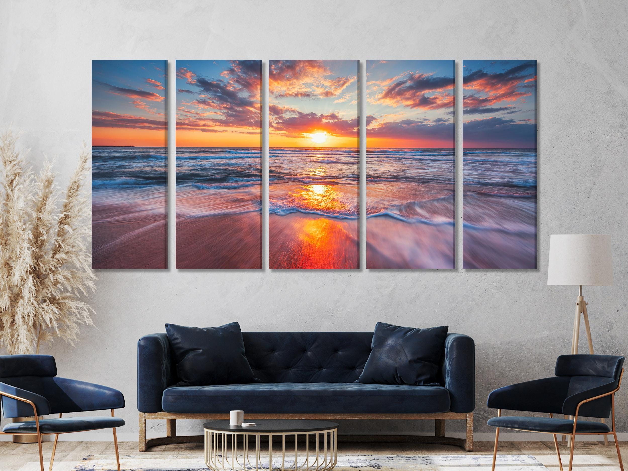 Ocean Sunset Print – Seascape Wall Art, Modern Sunset Beach Art Print, Multi Panel Coastal Wall Art for Living Room or Bedroom Wall Decor
