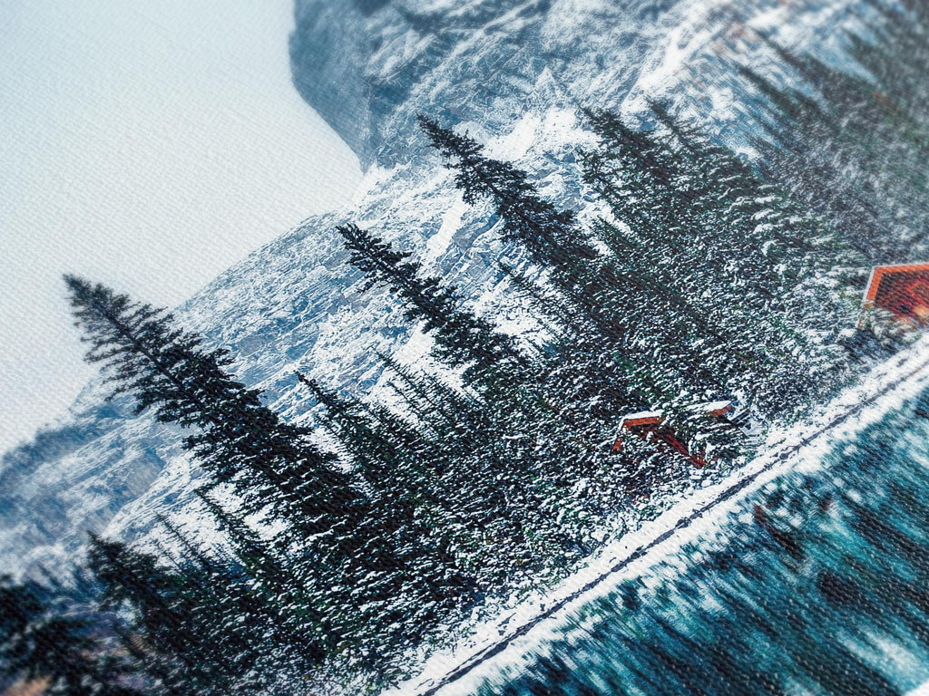 Winter Mountain Canvas Art - Snow Capped Mountain Canvas Print, Snowy Forest and Lake Wall Art, Winter Nature Decor,  Modern Alpine Artwork