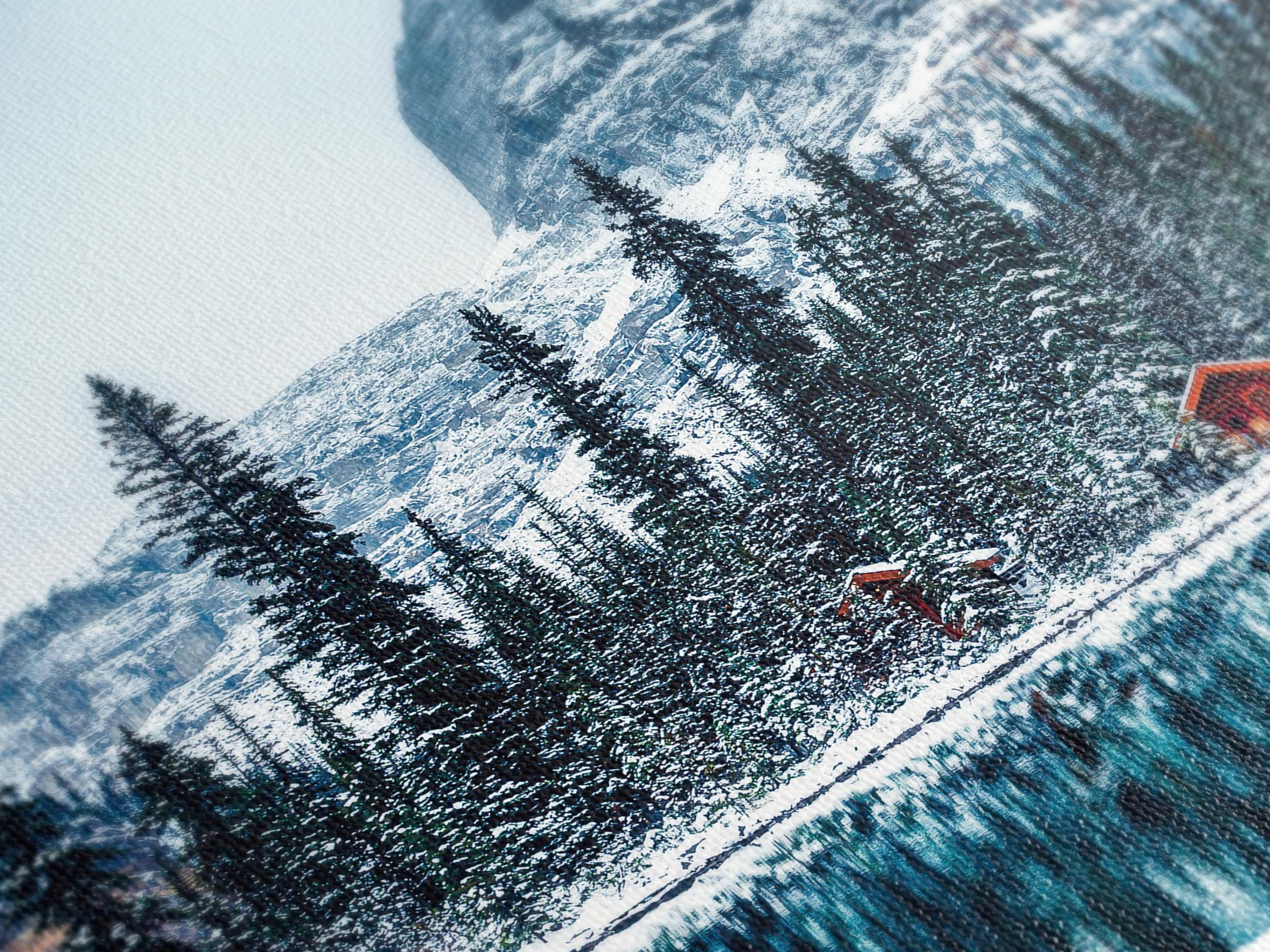 Winter Mountain Canvas Art - Snow Capped Mountain Canvas Print, Snowy Forest and Lake Wall Art, Winter Nature Decor,  Modern Alpine Artwork