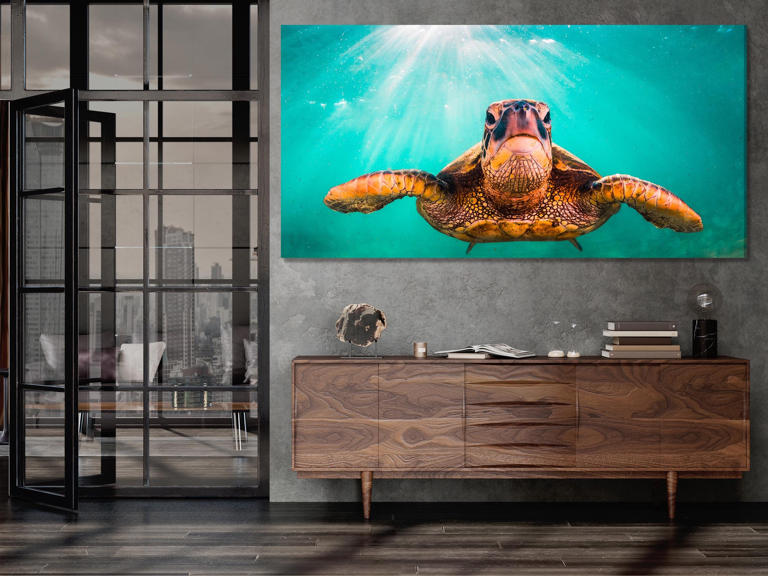 Hawaiian Green Sea Turtle Canvas Art, Pacific Ocean Sea Life Wall Decor, XXL Multi-Panel Turtle Cruising Print, Coastal Beach Home Wall Art