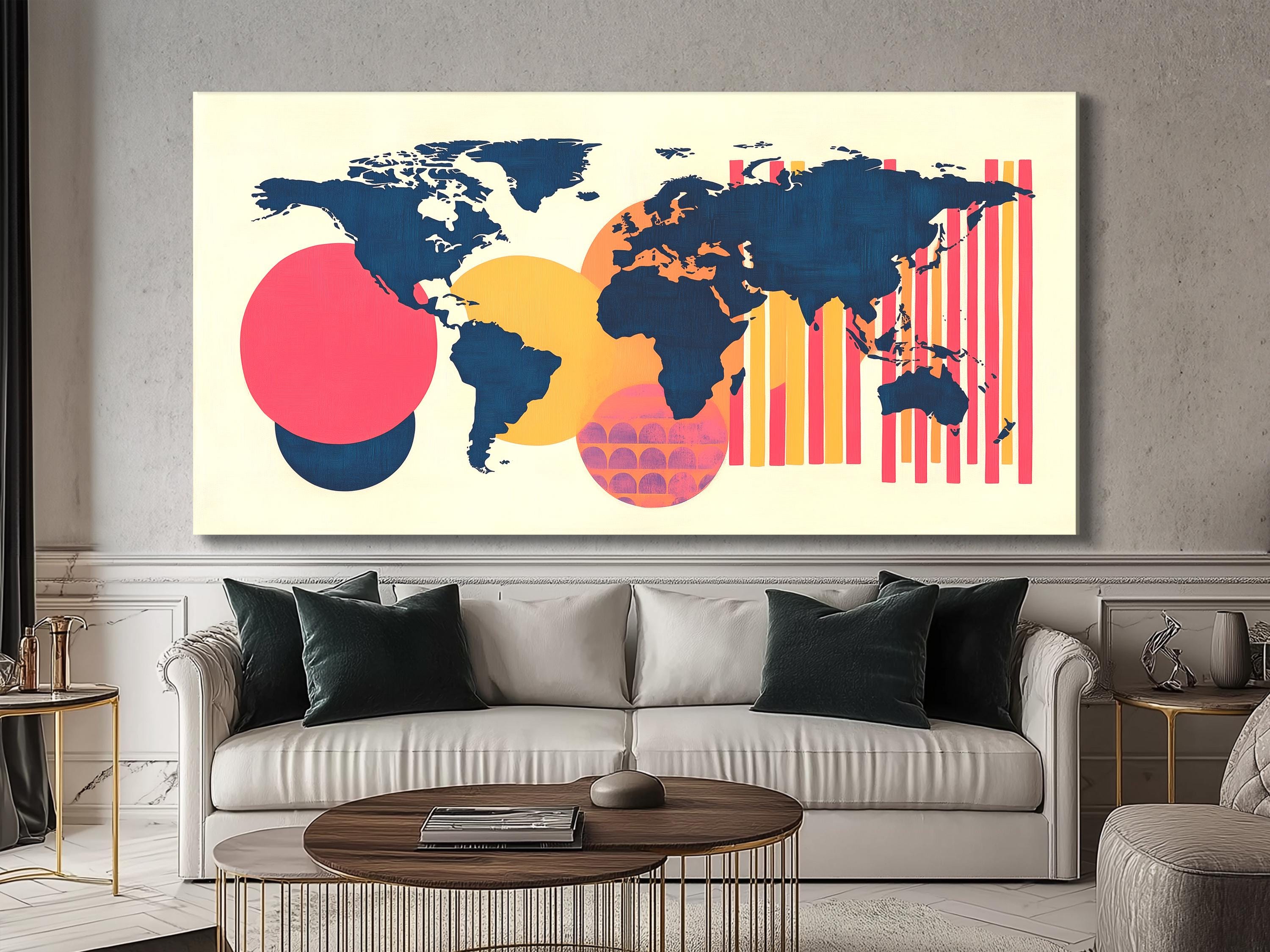 Moderna mappa geometrica da parete astratta su tela, decorazione per soggiorno, stampa colorata, mappa del mondo, opera d'arte contemporanea su tela