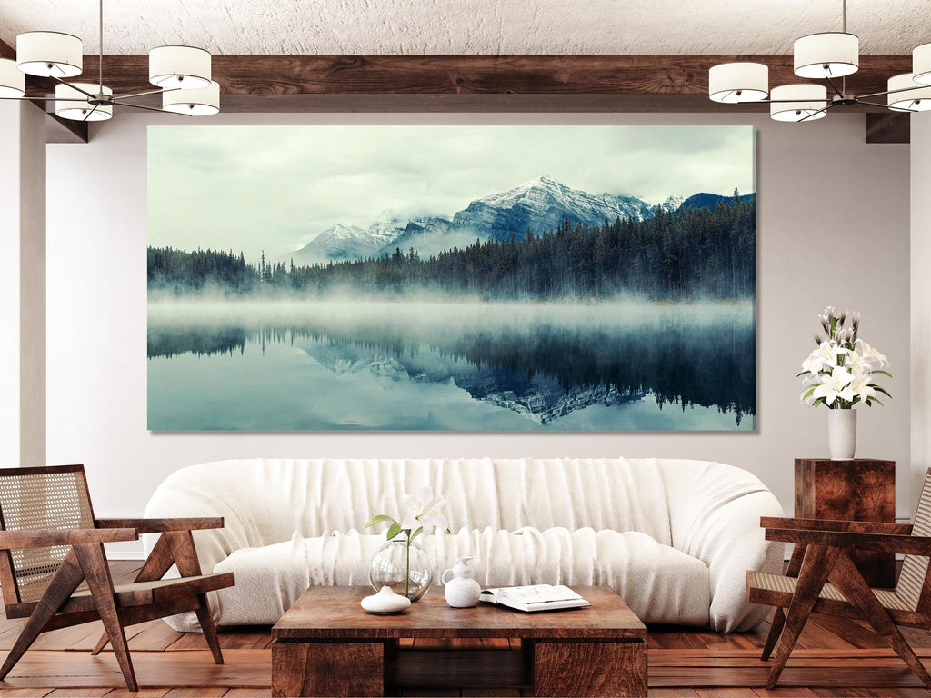 Lake Herbert Canvas Art - Foggy Morning Banff Wall Art, Glacial Mountain Artwork, Extra Large Canada Nature Canvas Art for Large Wall Decor