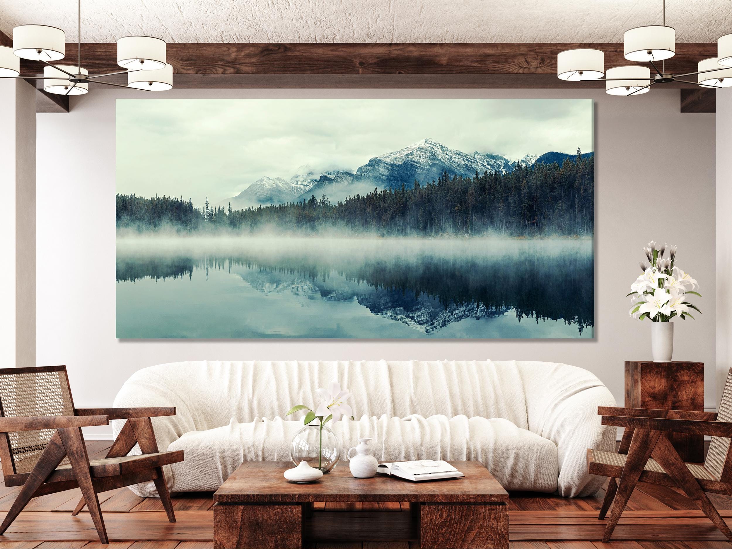 Lake Herbert Canvas Art - Foggy Morning Banff Wall Art, Glacial Mountain Artwork, Extra Large Canada Nature Canvas Art for Large Wall Decor