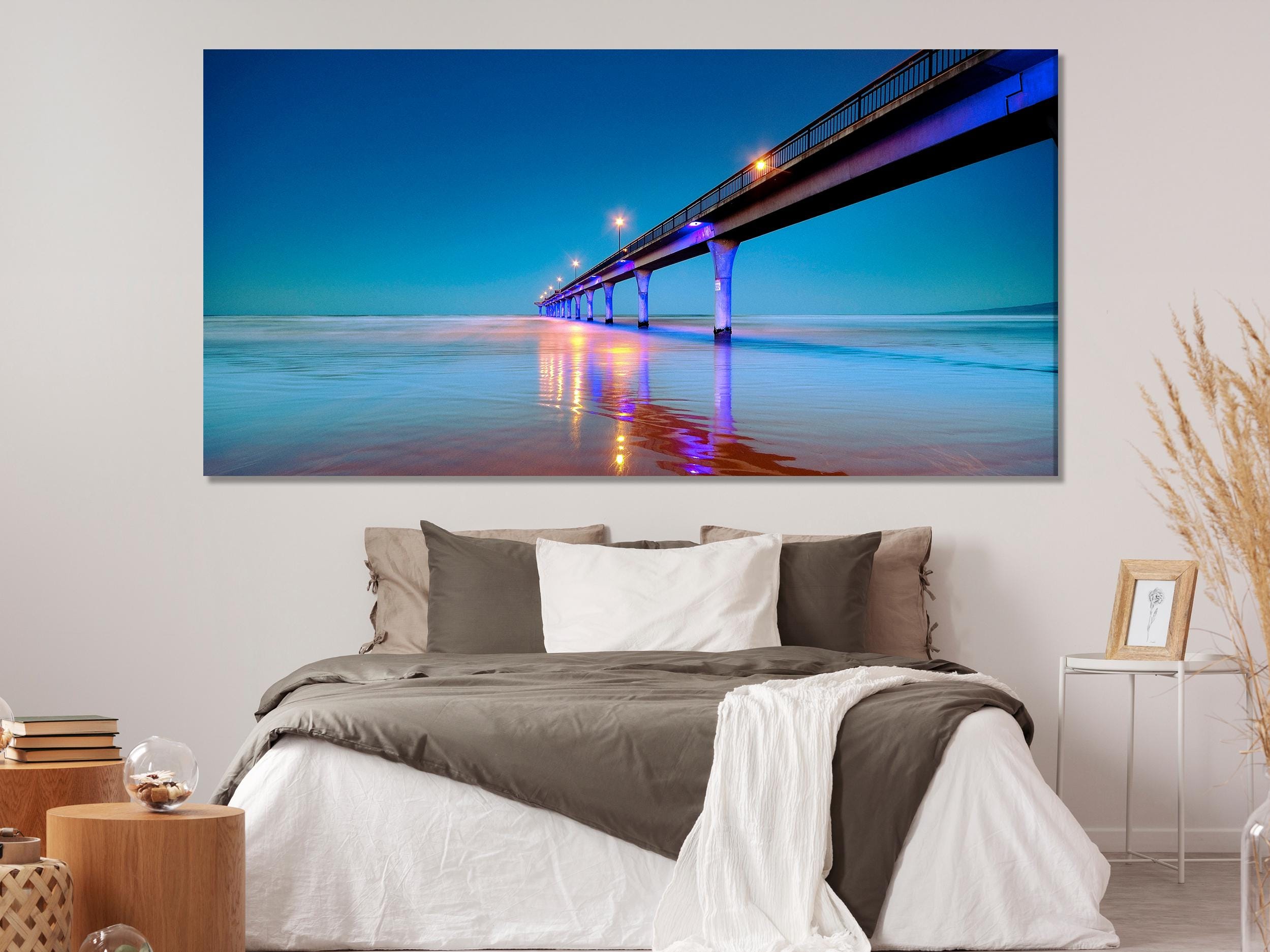 New Brighton Art Pier Canvas Print Large Coastal Wall Art Night Ocean View Artwork Modern New Zealand Beach Art Print Coastal Bedroom Decor