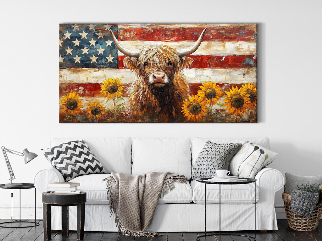 Highland Cow Wall Art - Rustic Art Farmhouse Decor, American Flag Canvas Art, Highland Cow Art Print, American Wall Decor, Large Cow Artwork