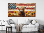 Highland Cow Wall Art - Rustic Art Farmhouse Decor, American Flag Canvas Art, Highland Cow Art Print, American Wall Decor, Large Cow Artwork